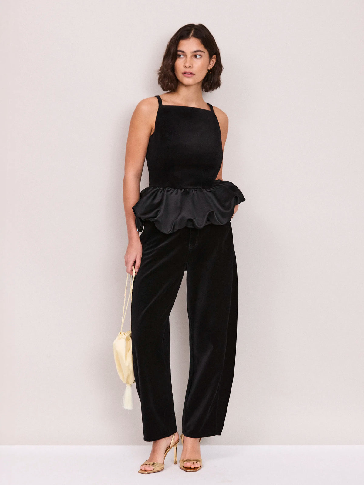 Black Velvet and Satin Bubble Hem Top