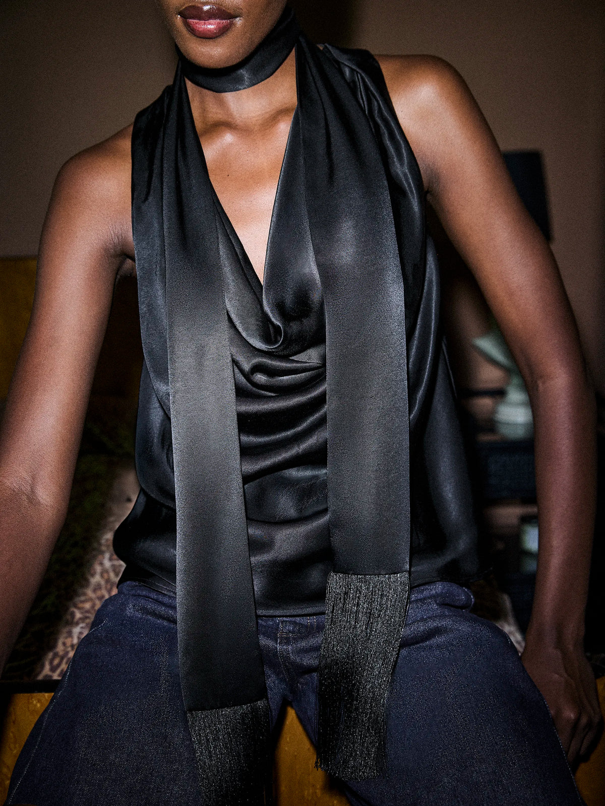Black Satin Fringe Scarf Top