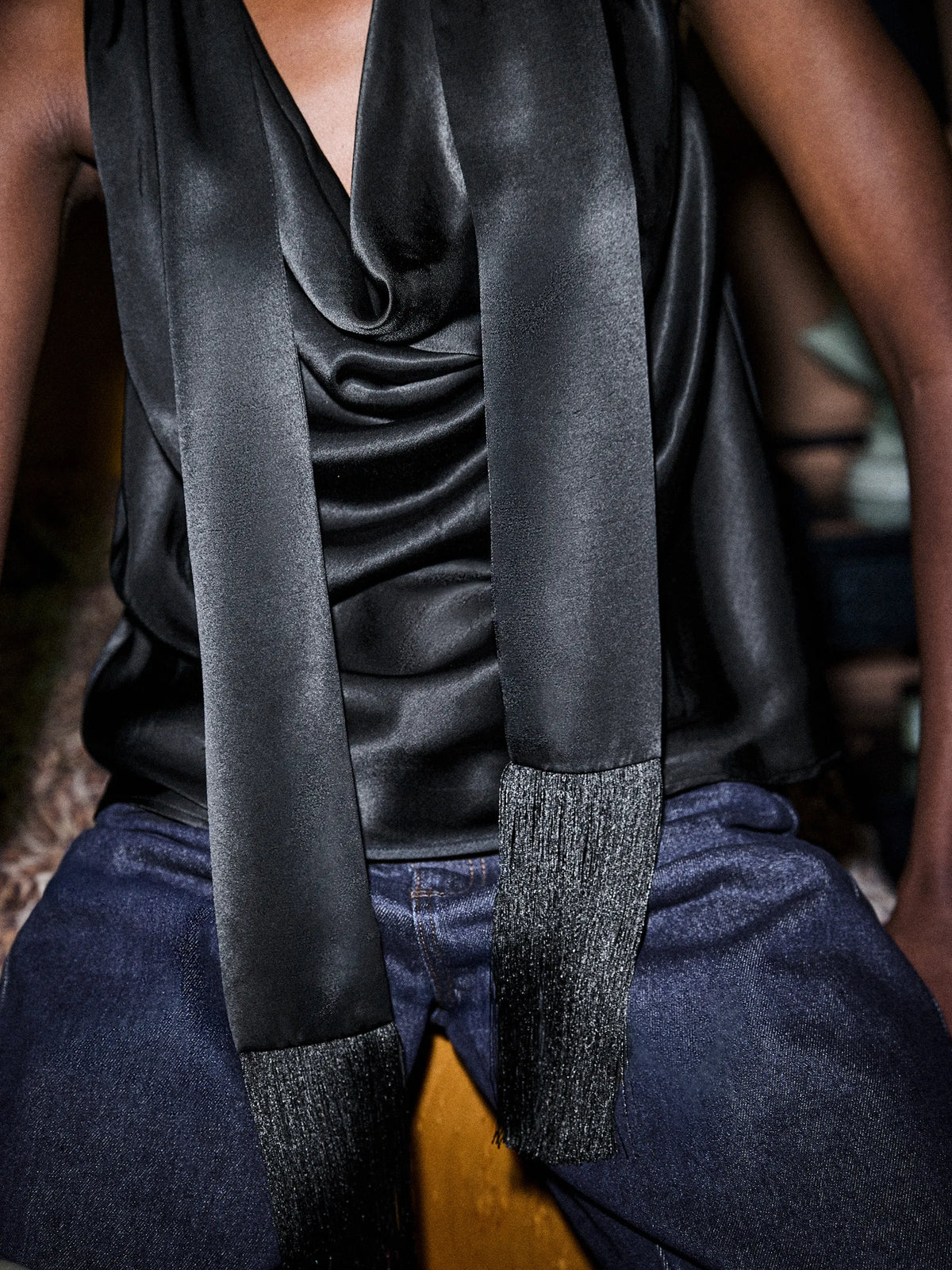 Black Satin Fringe Scarf Top