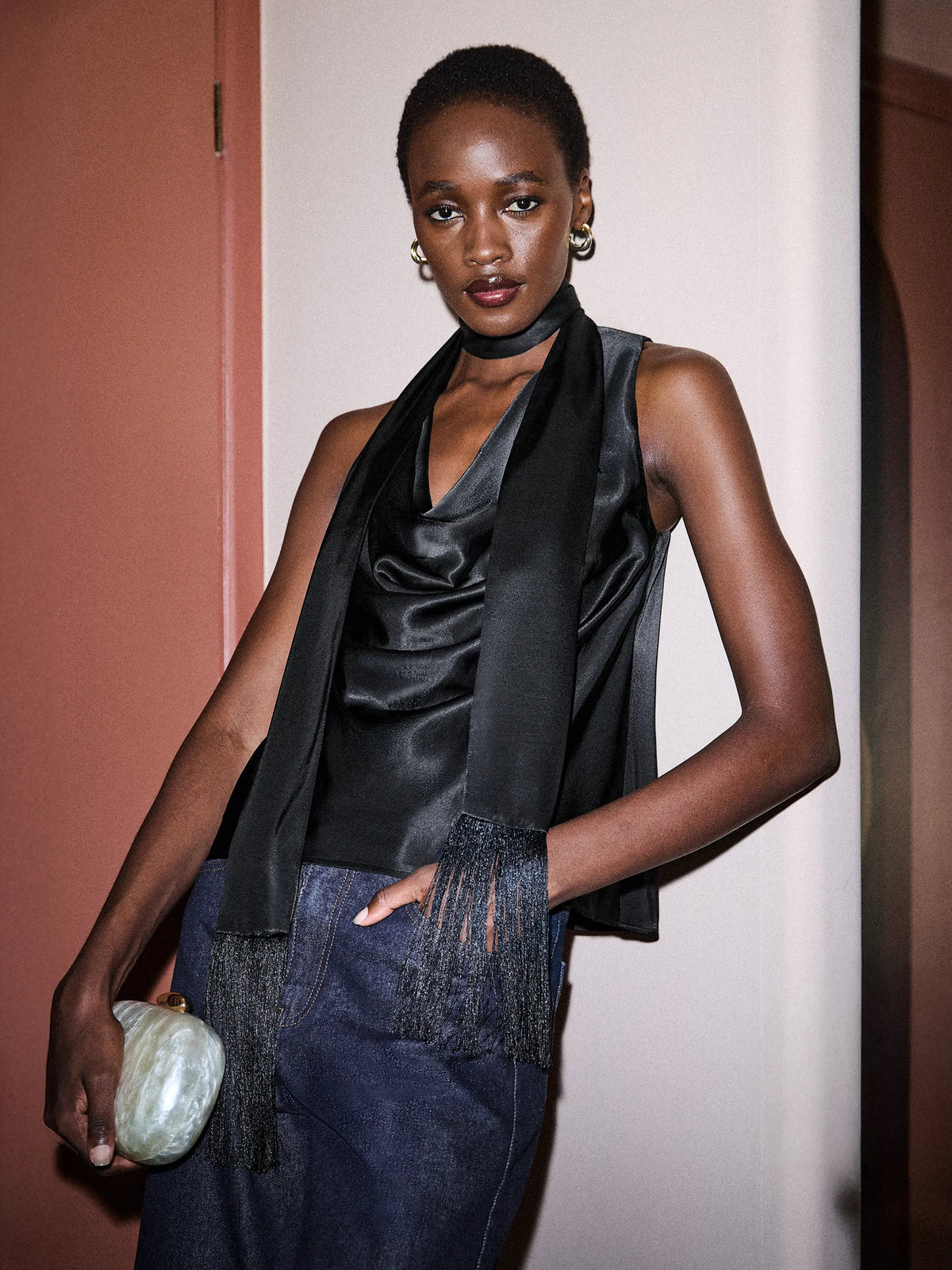Black Satin Fringe Scarf Top