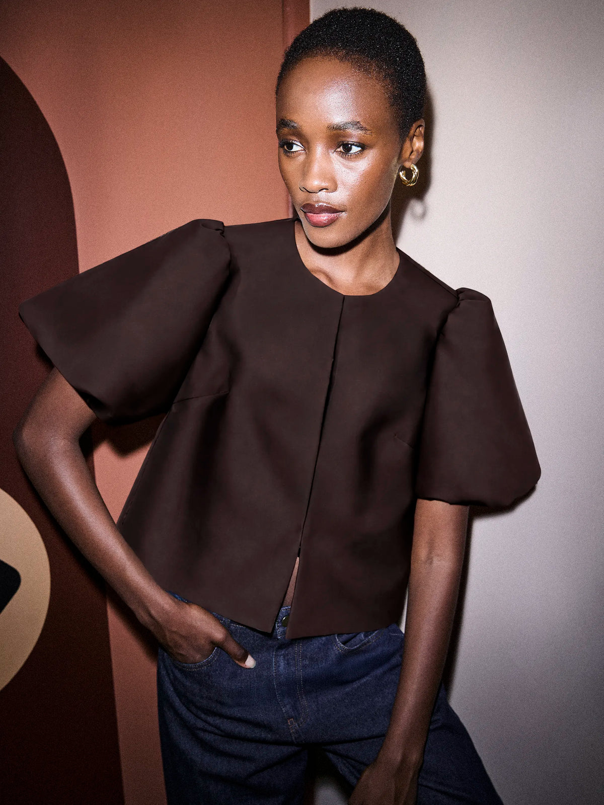 Brown Satin Puff-Sleeve Top