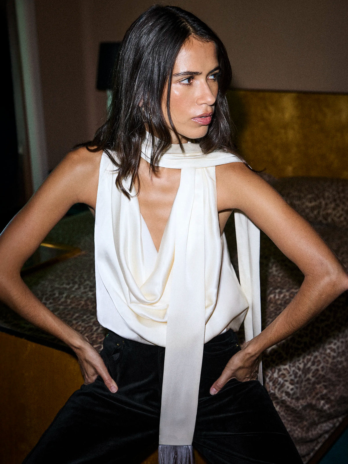 Ivory Satin Fringe Scarf Top