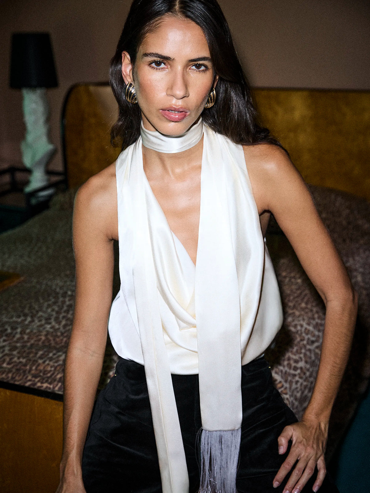 Ivory Satin Fringe Scarf Top