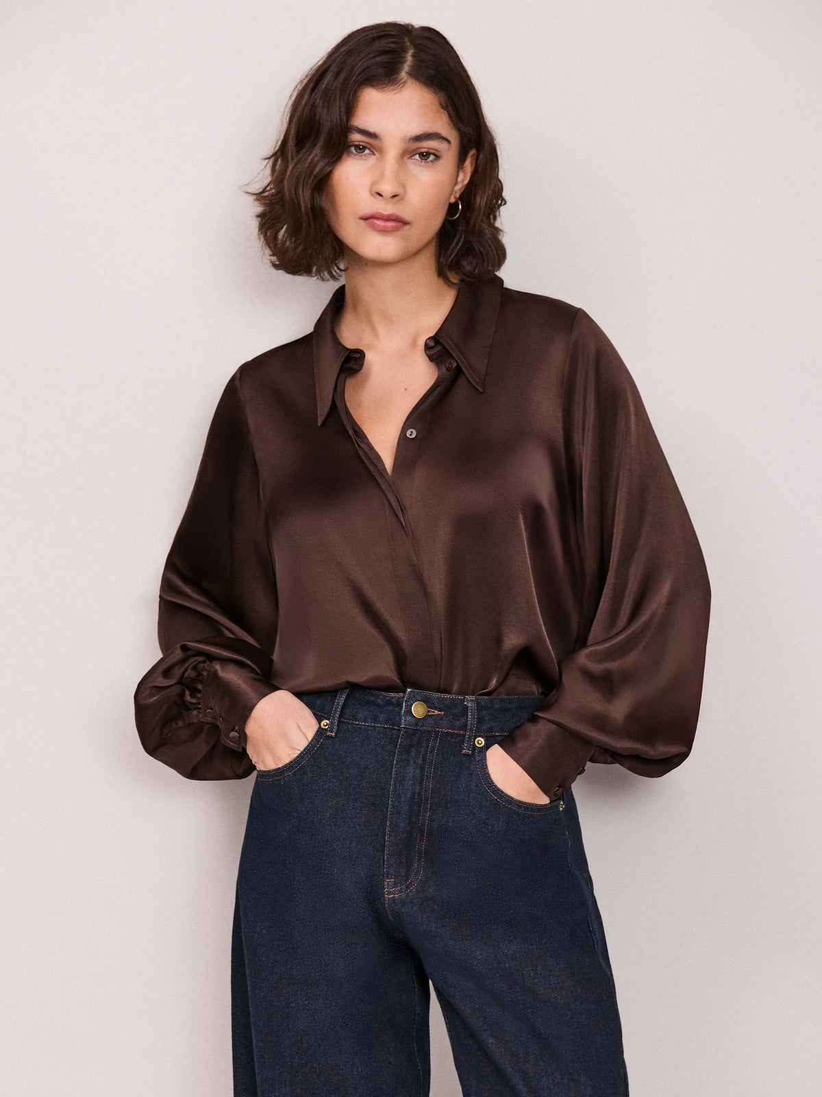 Chocolate Satin Statement Collar Shirt