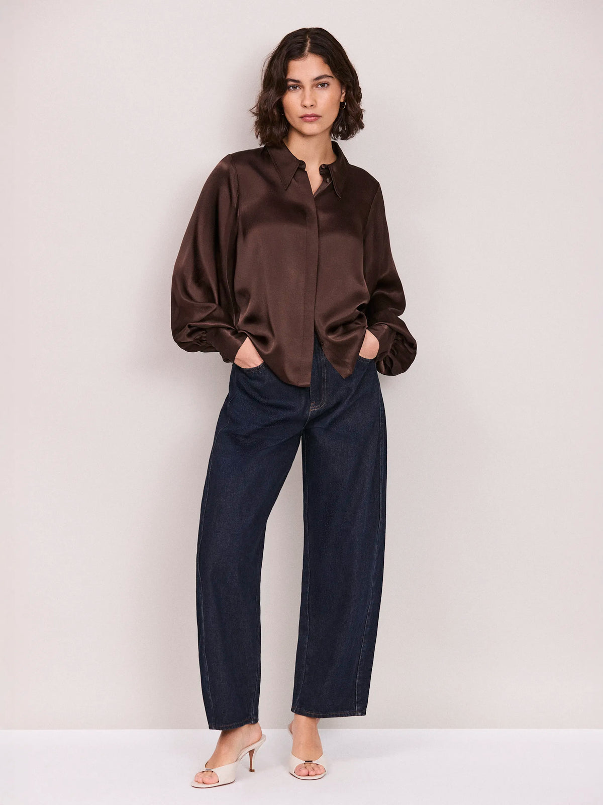 Chocolate Satin Statement Collar Shirt