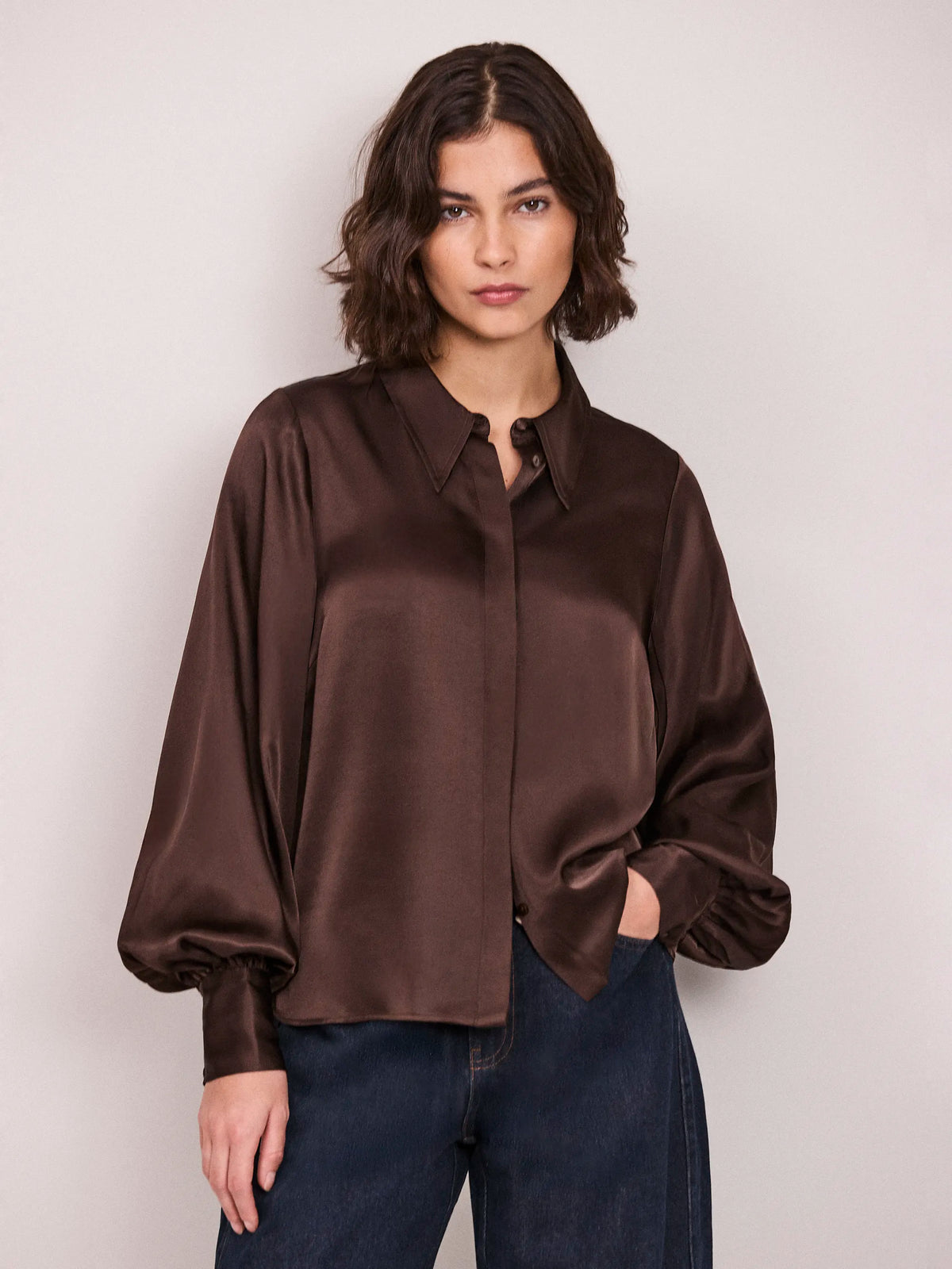 Chocolate Satin Statement Collar Shirt