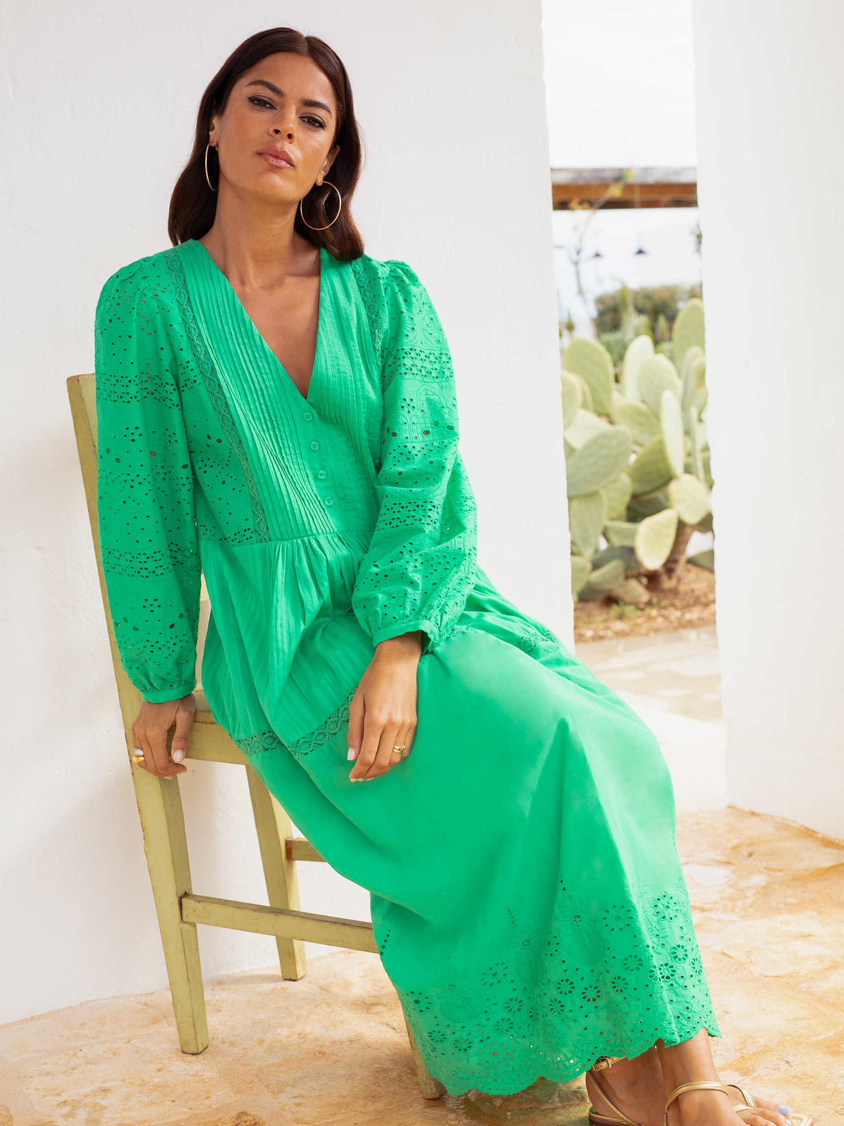 Green Pintuck Detail Broderie Midi Dress