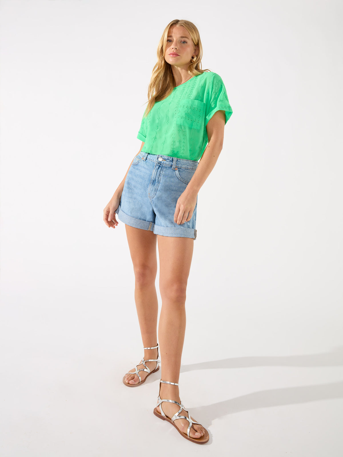 Green Embroidered Pocket Front T Shirt
