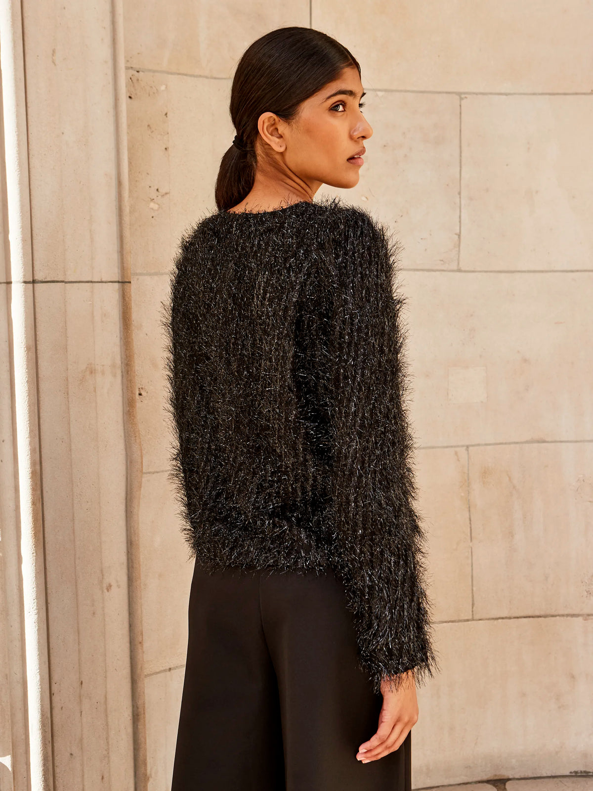 Black Tinsel Long-Sleeved Top