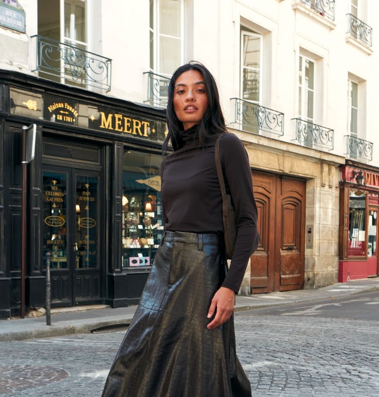 Brown Cotton Blend Roll Neck Top