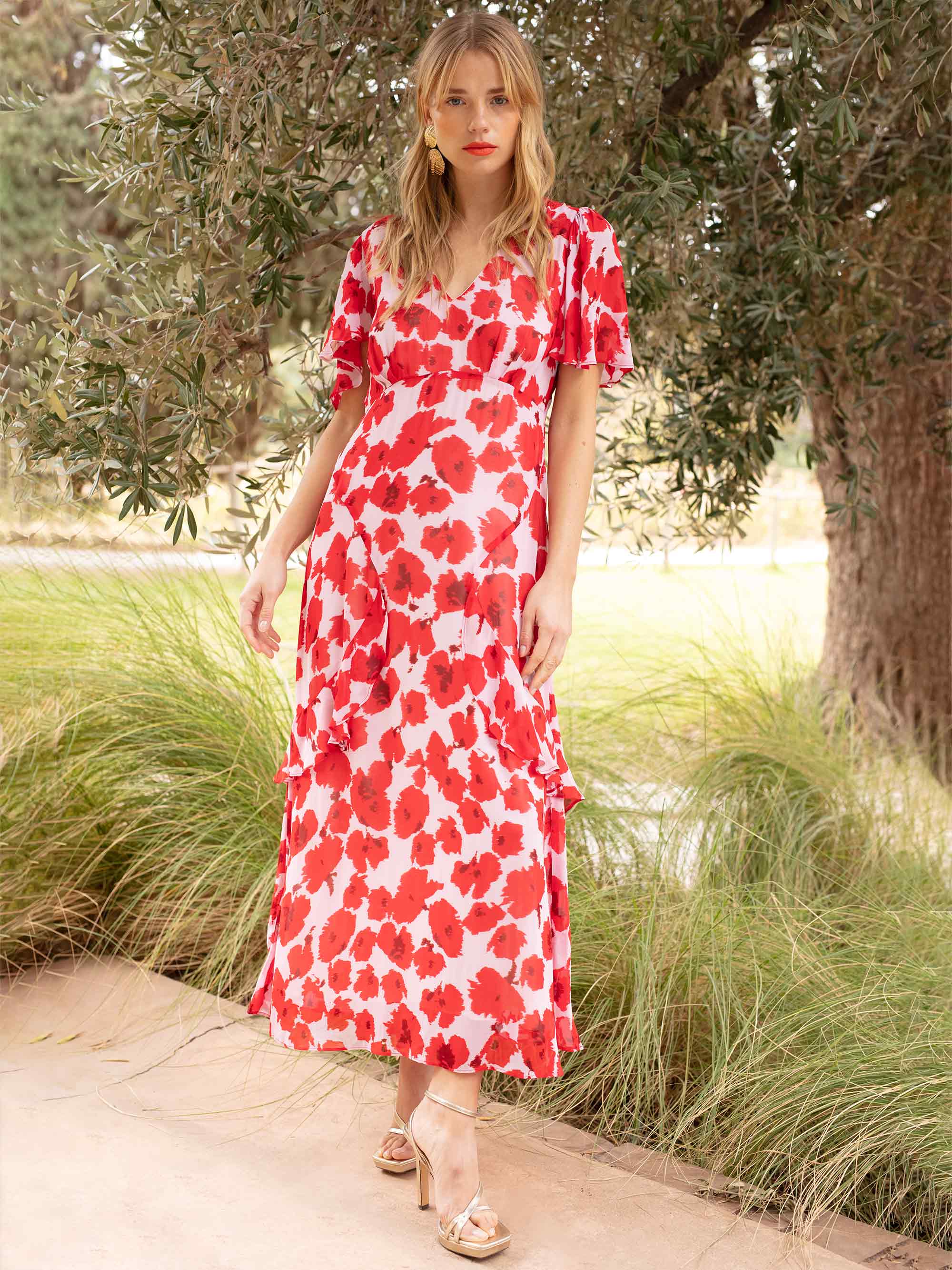 Red flower hot sale midi dress