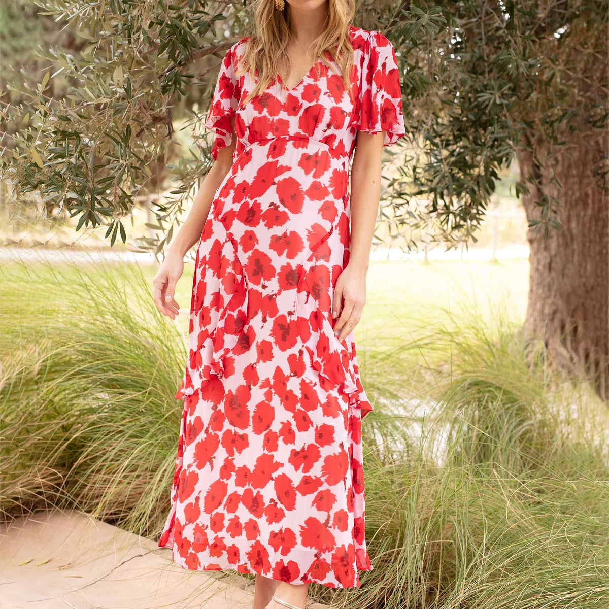 Daphne Pink Floral Frill Midi Dress – Ro&Zo