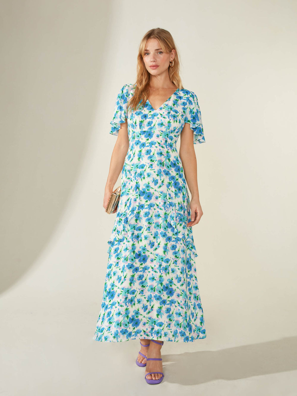 Daphne Blue Floral Frill Midi Dress