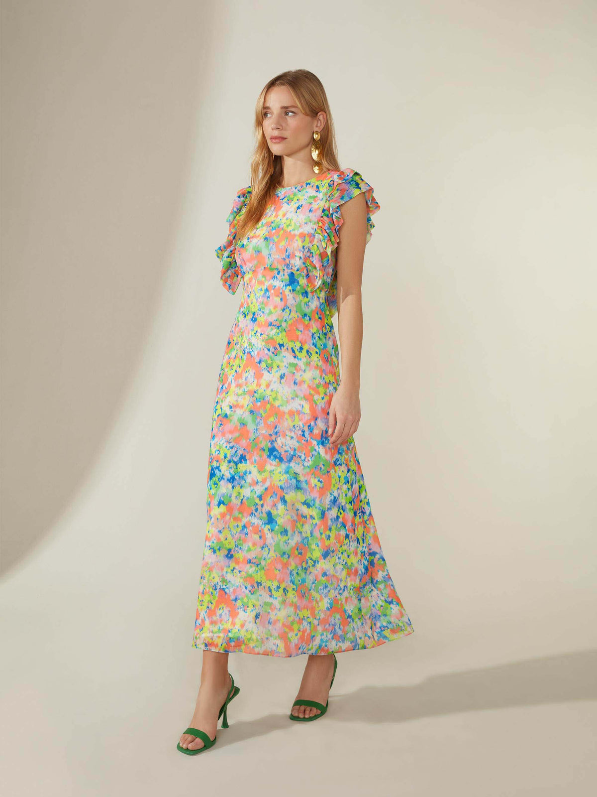 Elsie Blurred Floral Frill Midi Dress