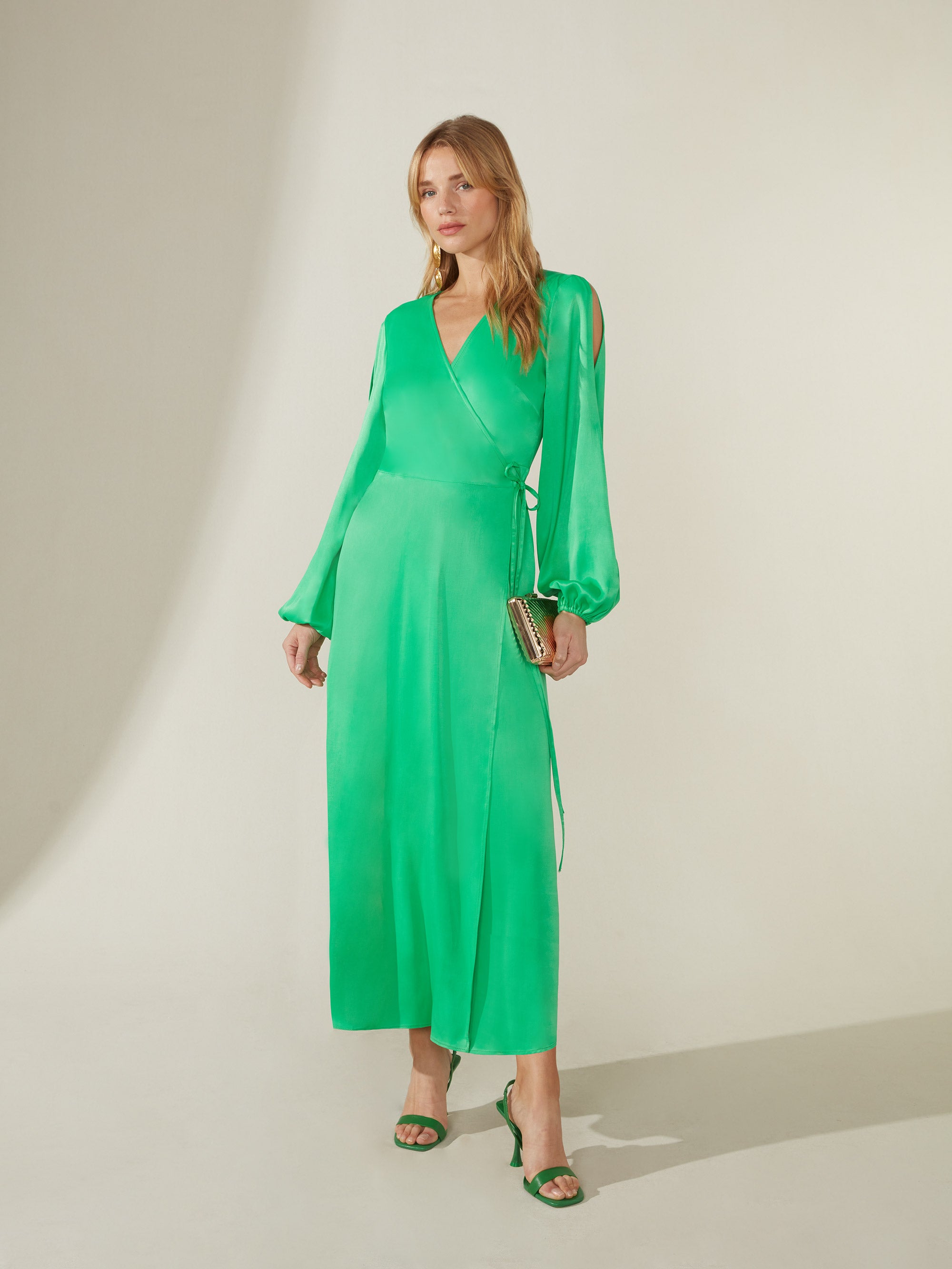 Green Satin Cold Shoulder Wrap Dress Ro Zo