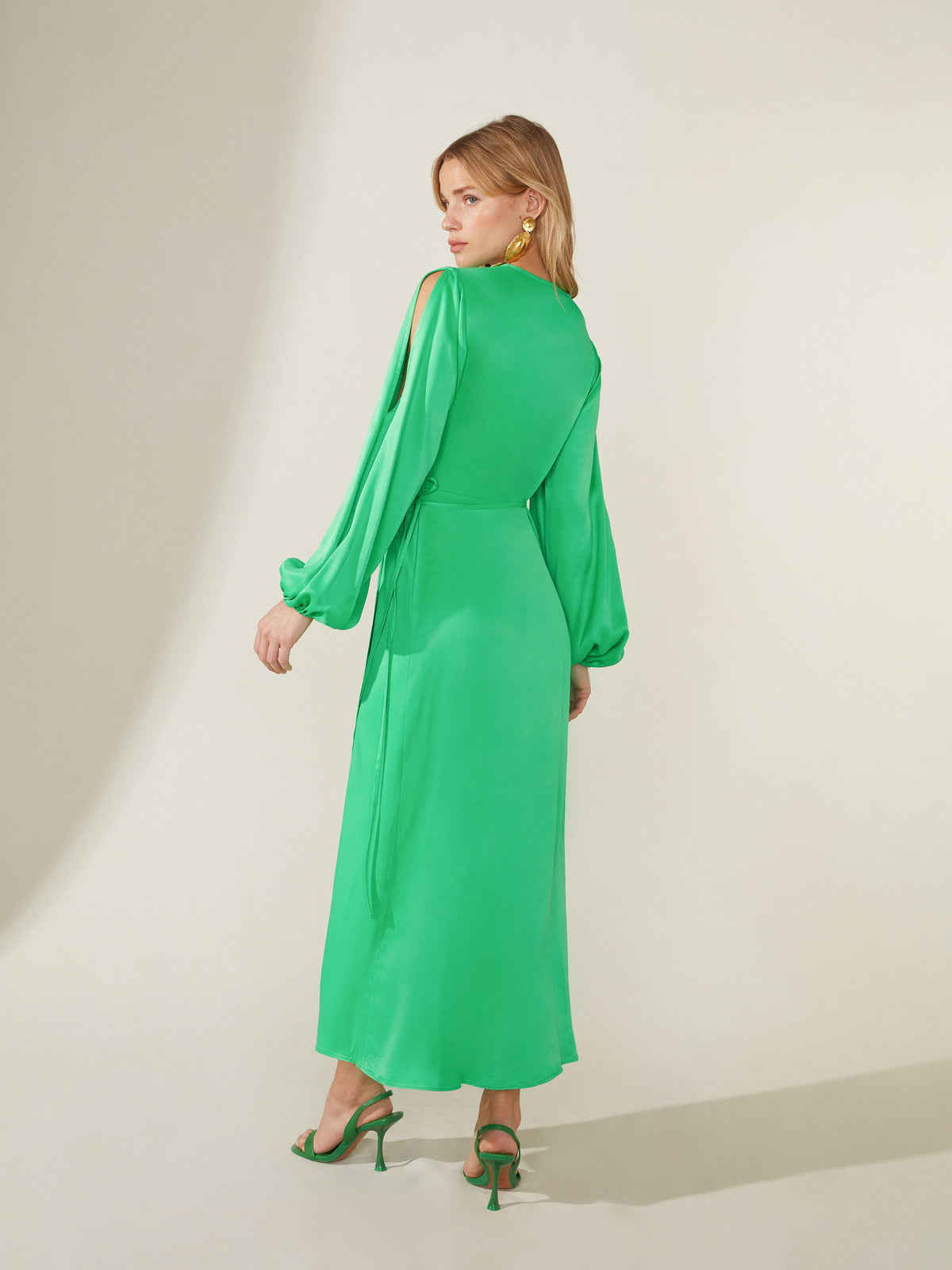 Green Satin Cold Shoulder Wrap Dress