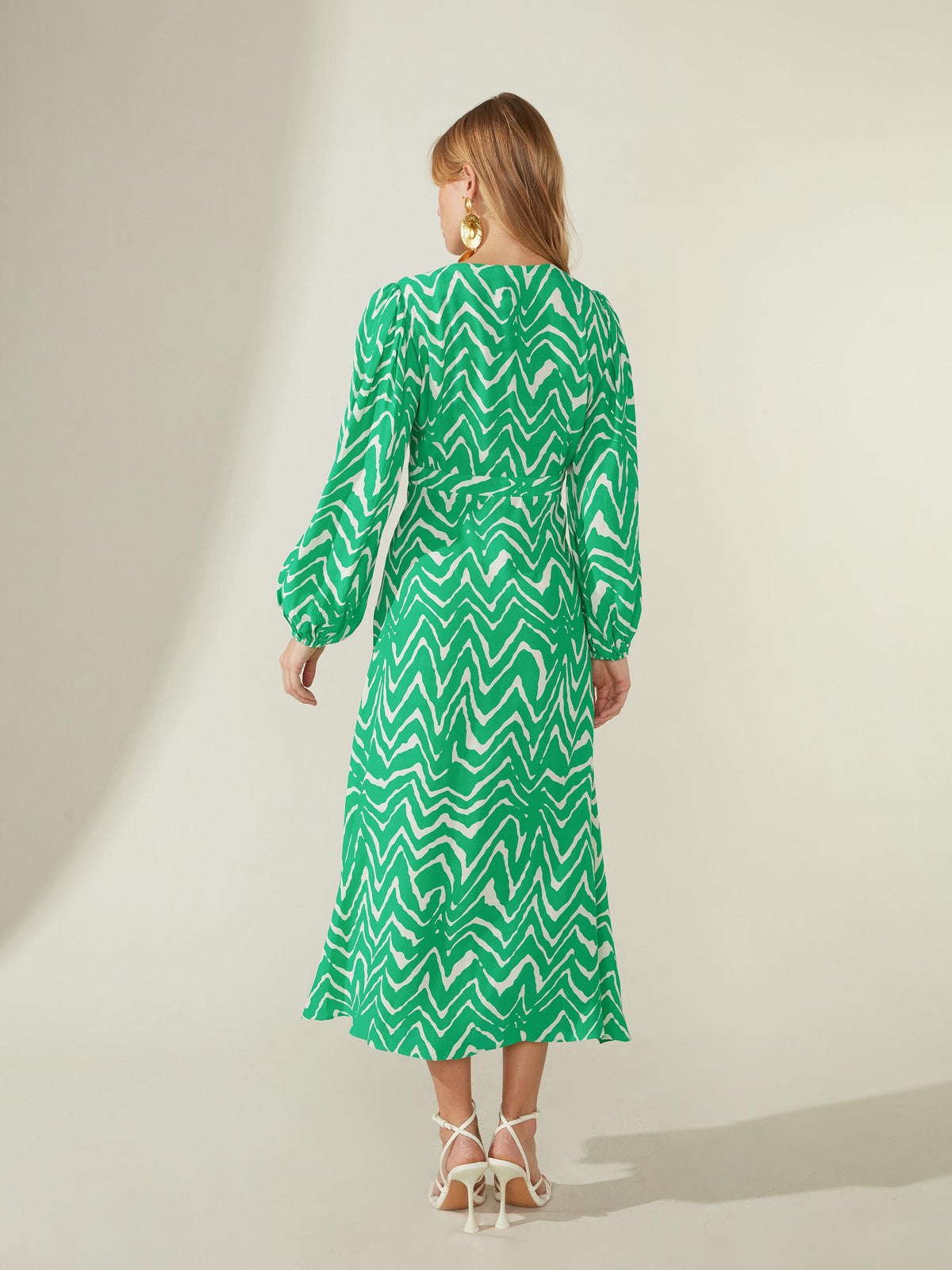 Green Zig Zag Print Midi Dress