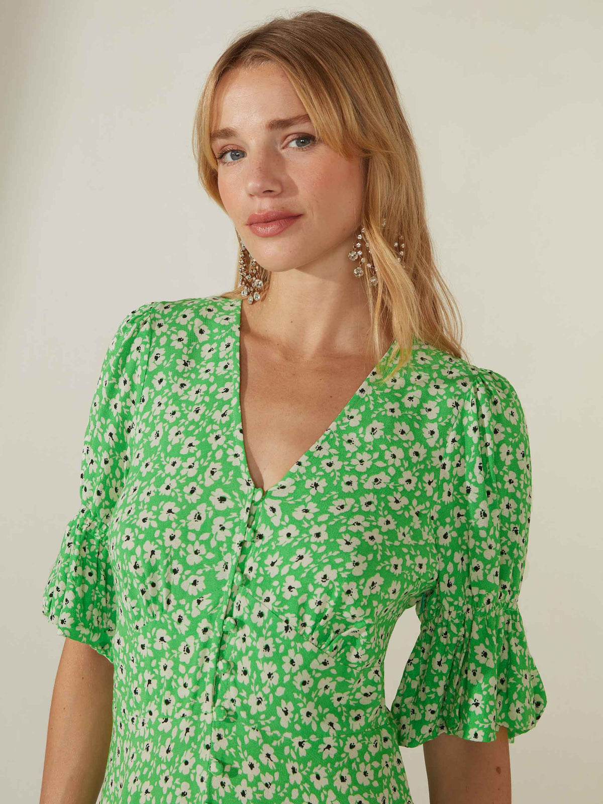 Green Ditsy Floral Button Front Dress
