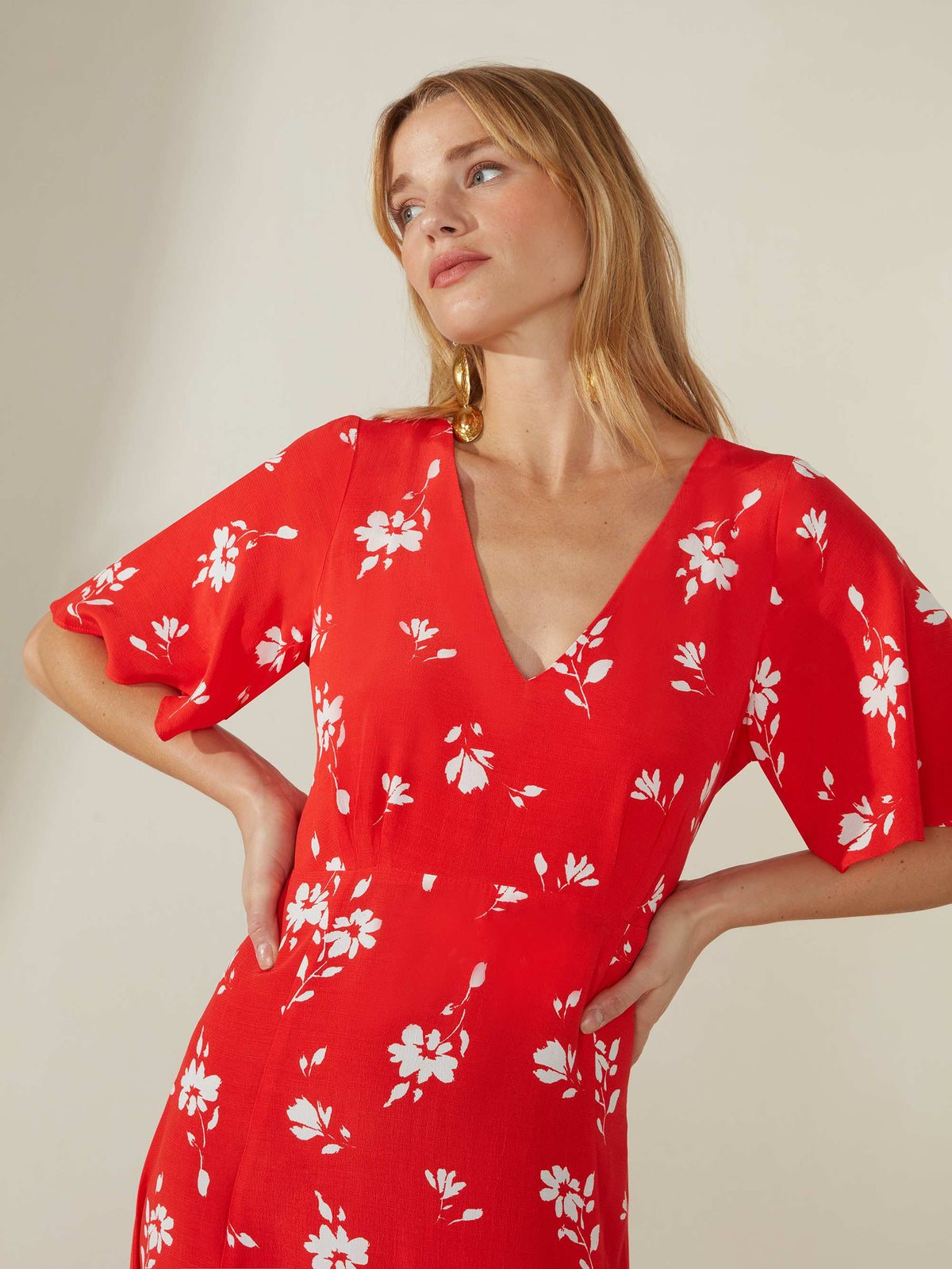 Petite Red Floral Print Seam Detail Midi Dress