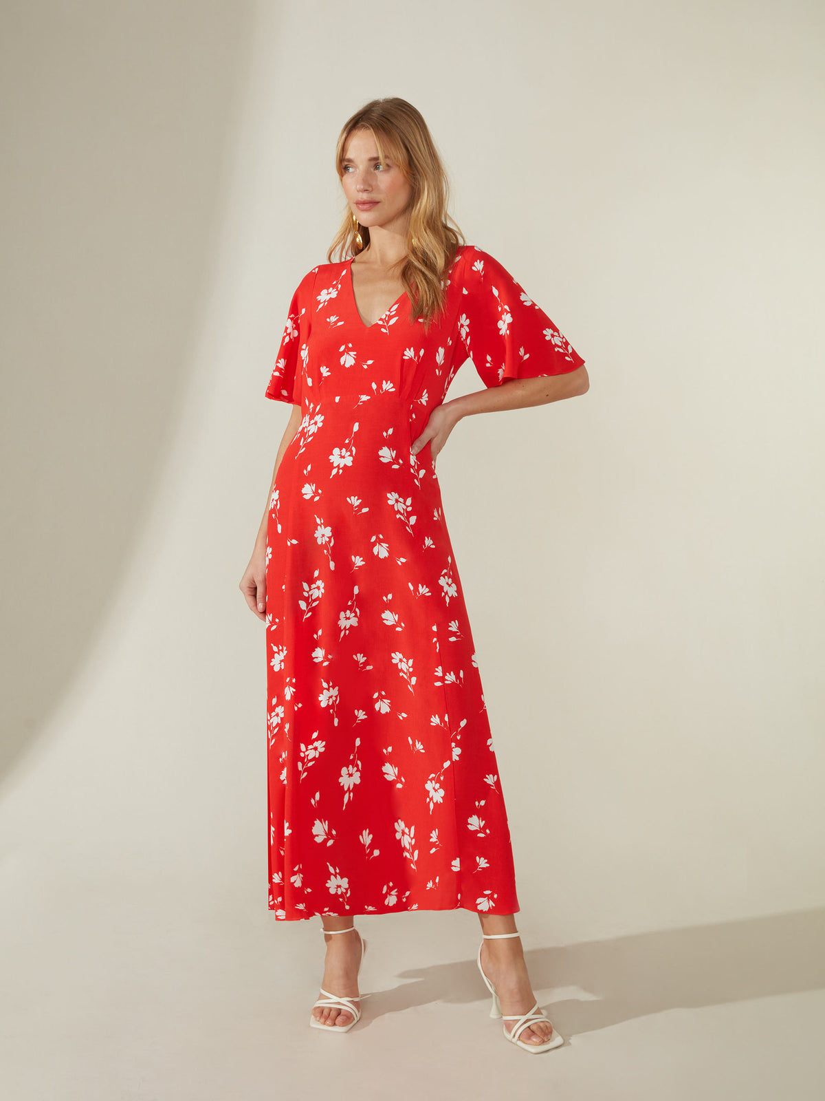Petite Red Floral Print Seam Detail Midi Dress