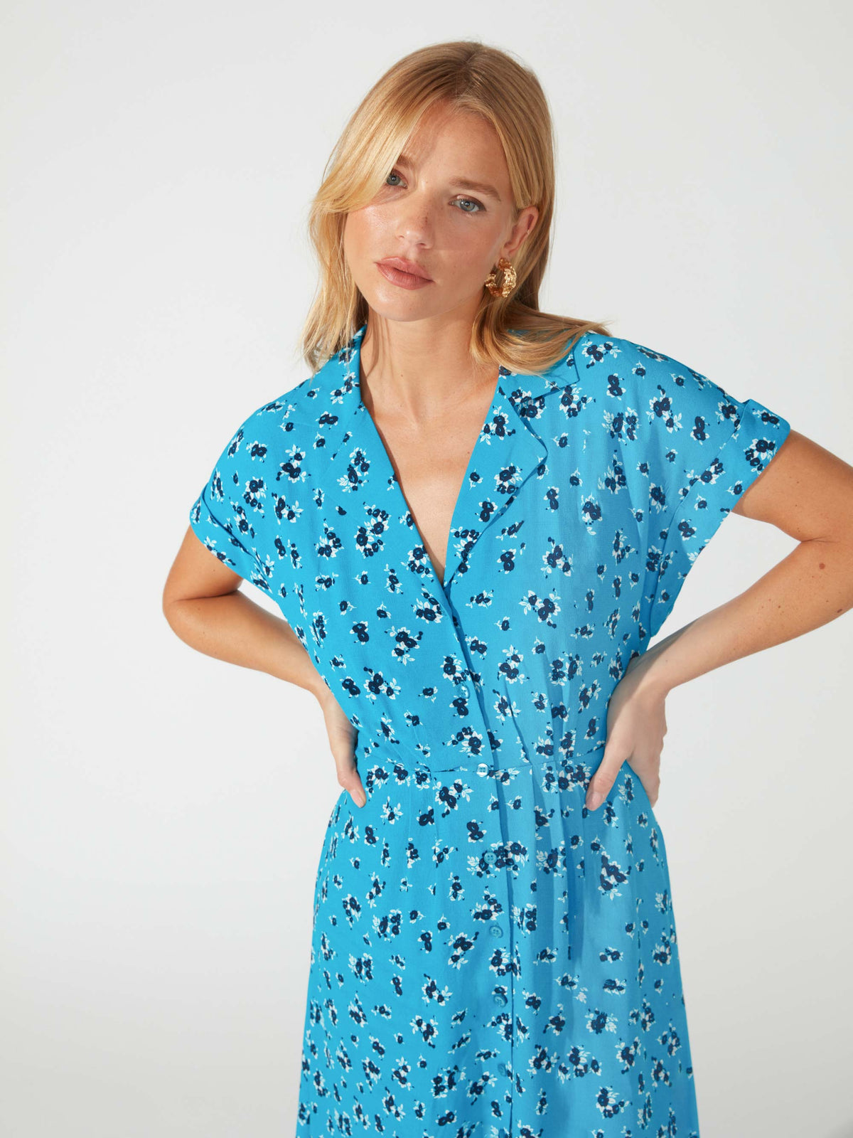 Blue Ditsy Print Turn Back Cuff Shirt Dress