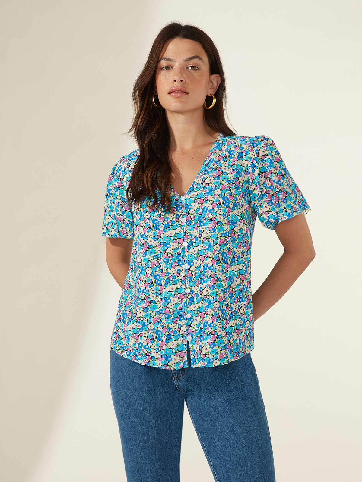 Ditsy Button Front Shell Top
