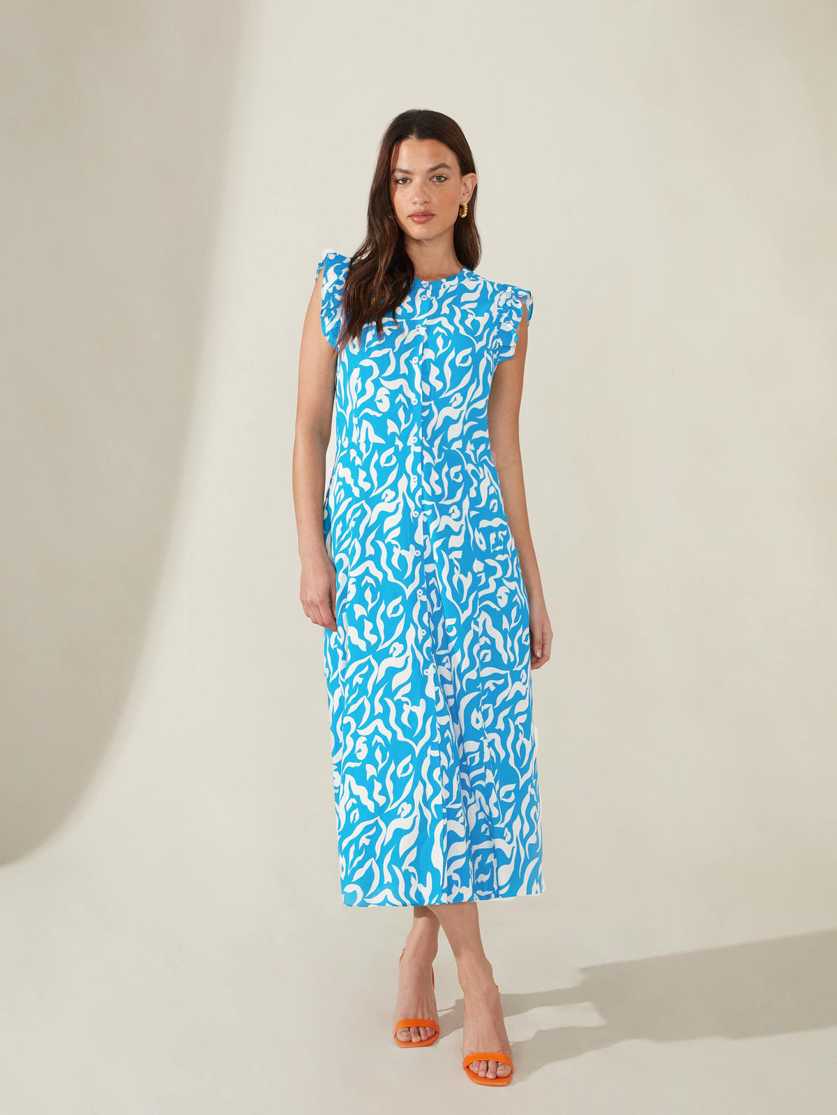 Blue Abstract Print Frill Shoulder Shirt Dress
