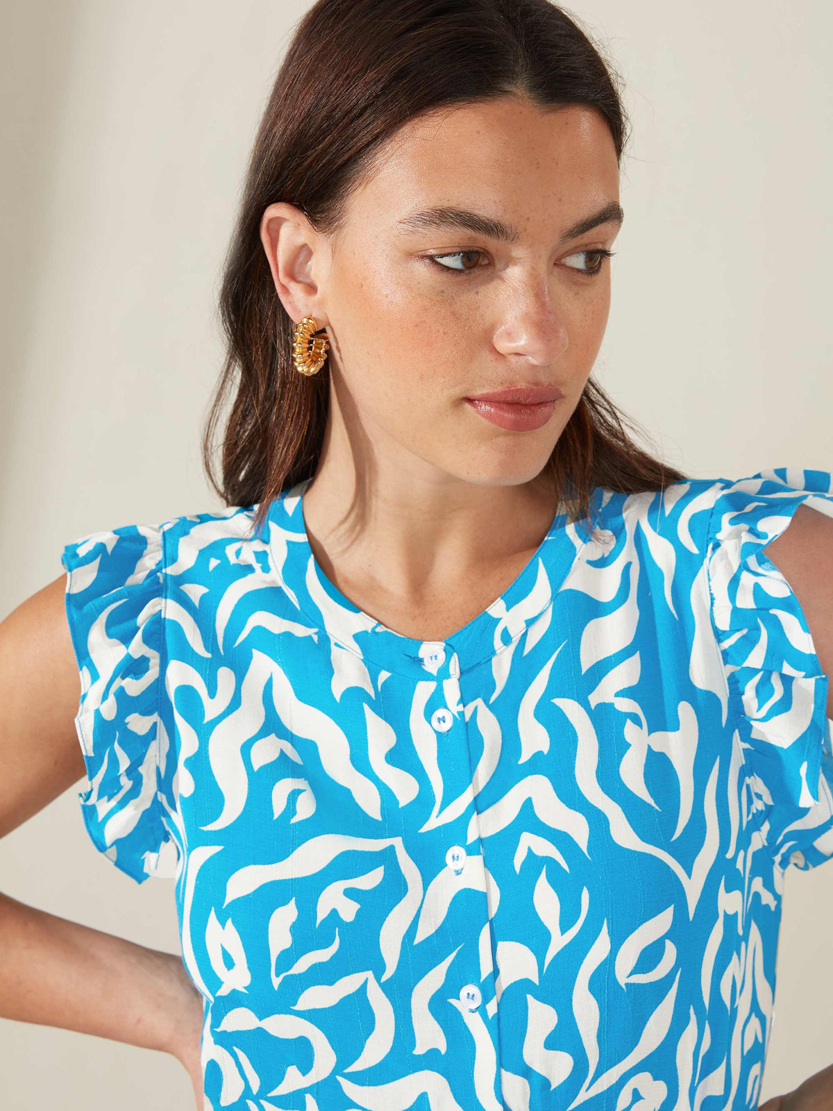 Blue Abstract Print Frill Shoulder Shirt Dress