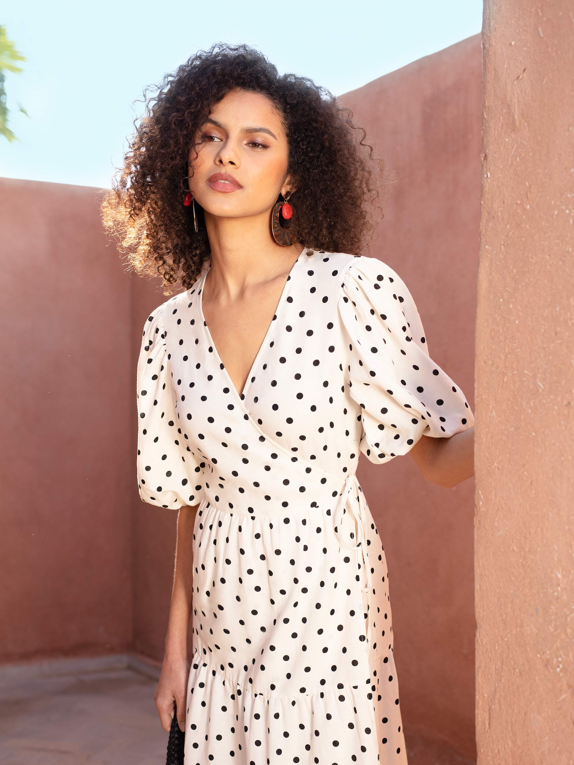 Polka dot wrap midi dress sale