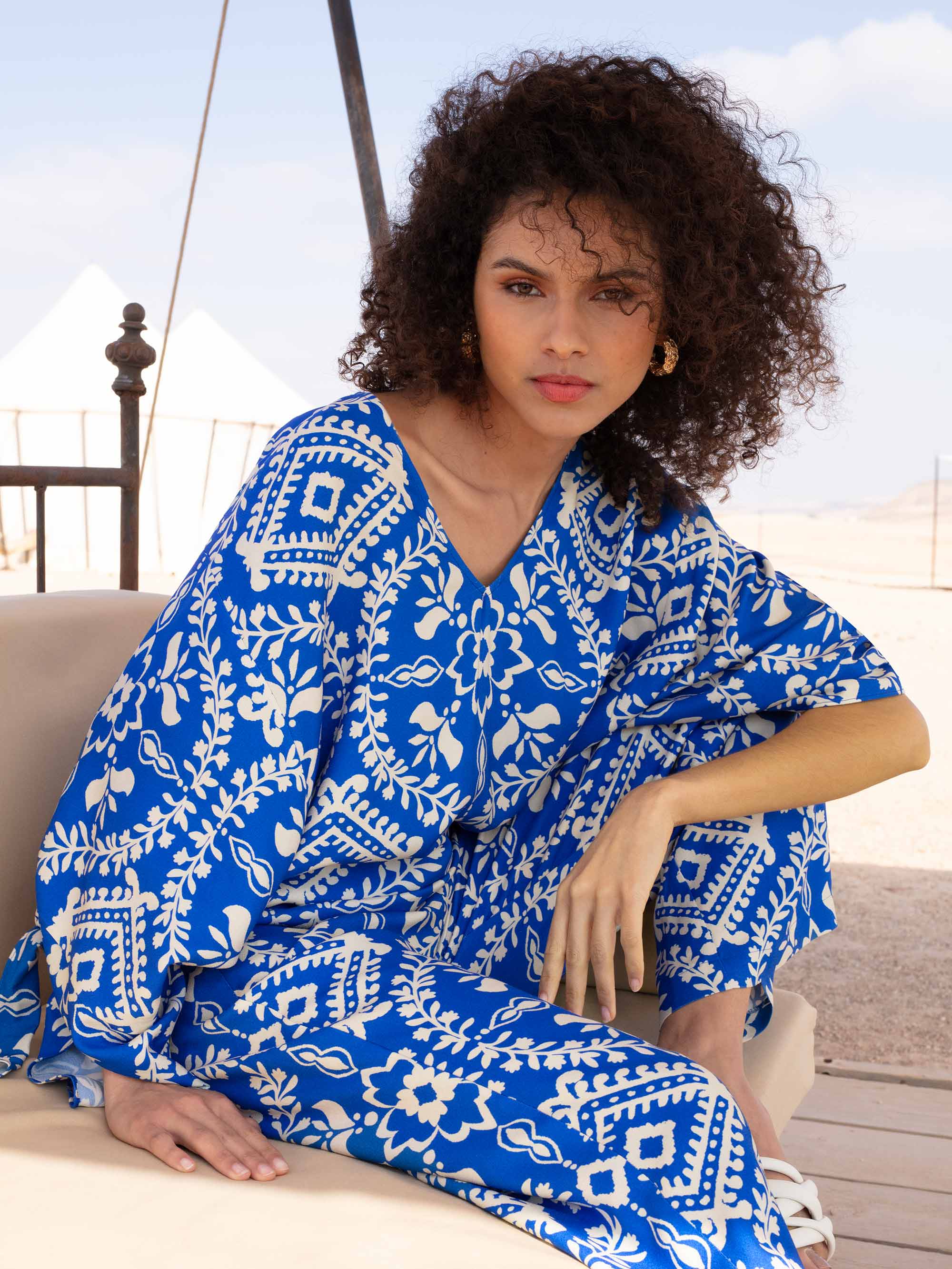 Blue Tile Print Tie Sleeve Top – Ro&Zo