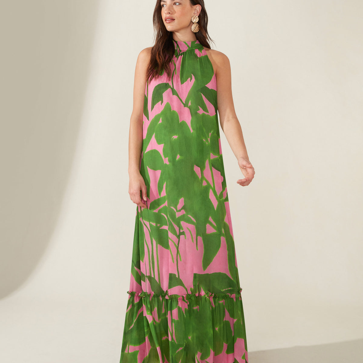 Pink Leaf Print Halter Neck Maxi Dress – Ro&Zo