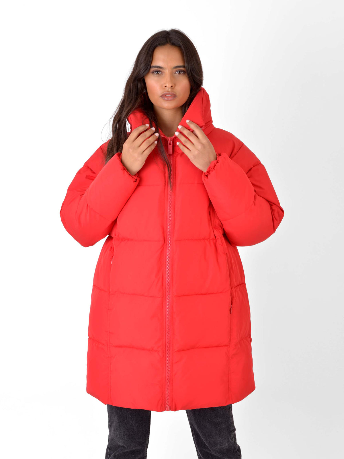 Red Exaggerated Collar Puffer Coat