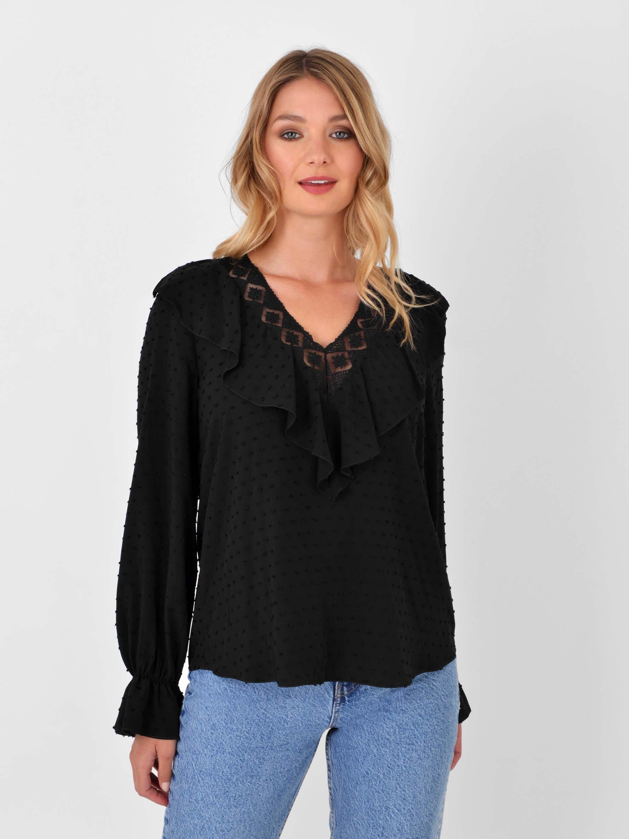 Ladies black frilly sales blouse