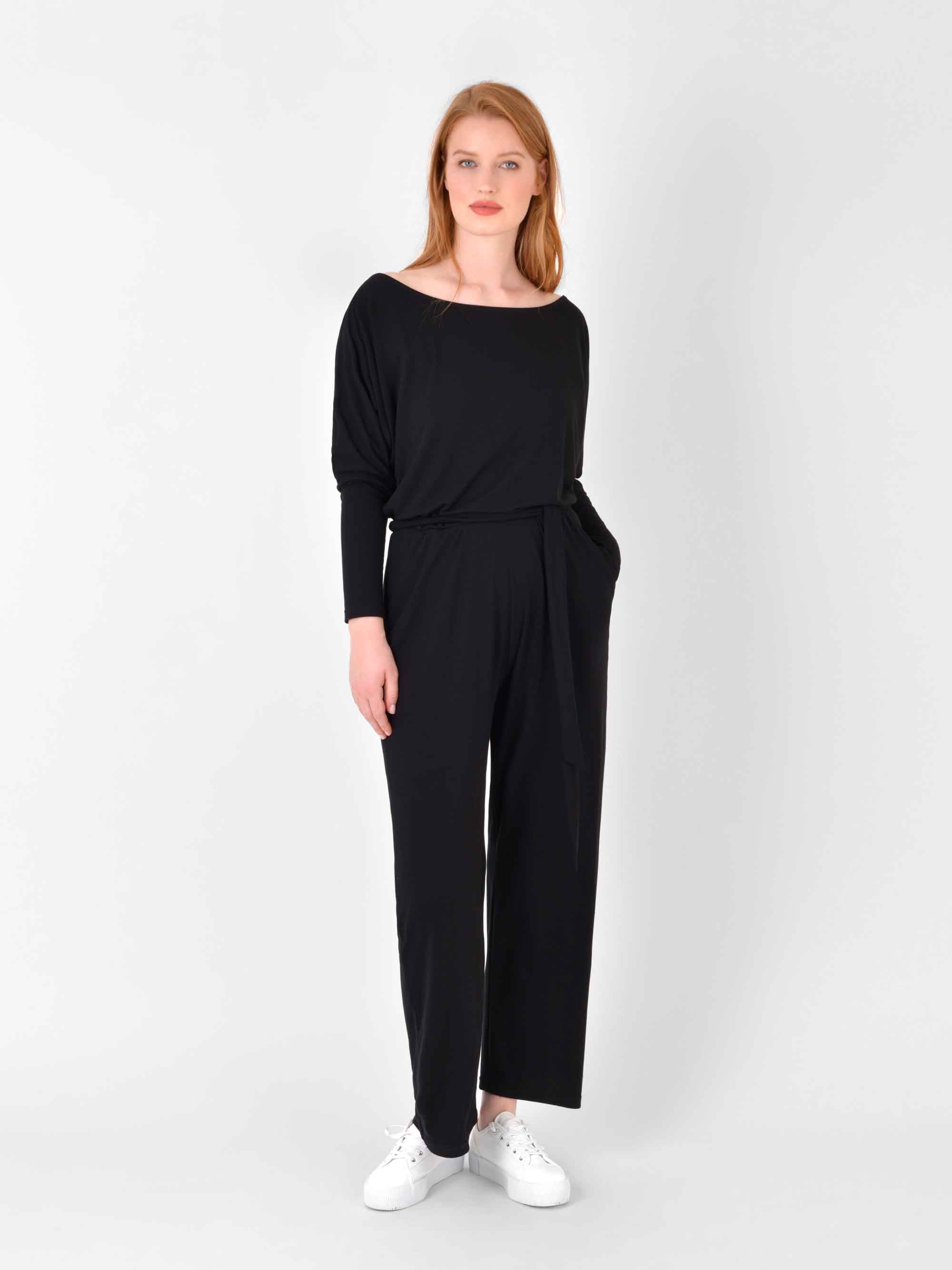 Black jersey cheap jumpsuit with sleeves