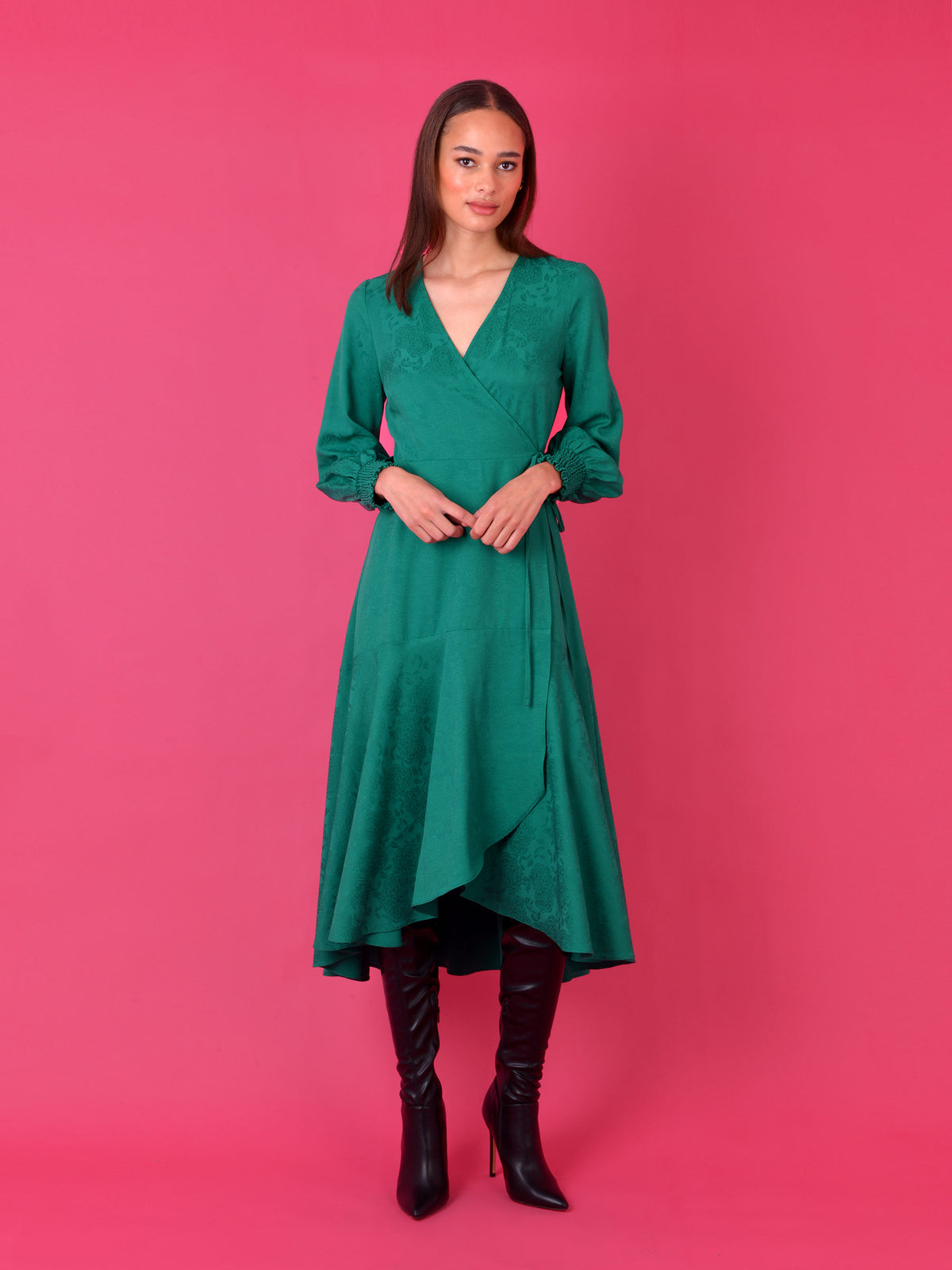 Green Jacquard Wrap Dress