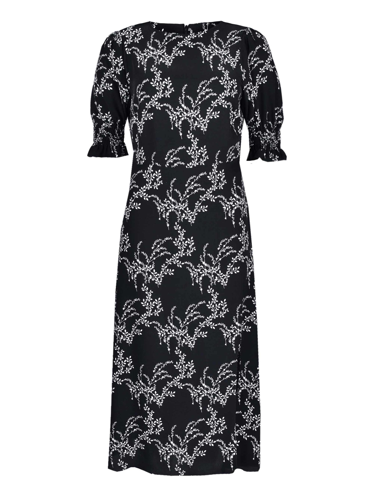 Mono Floral Shirred Sleeve Midi Dress