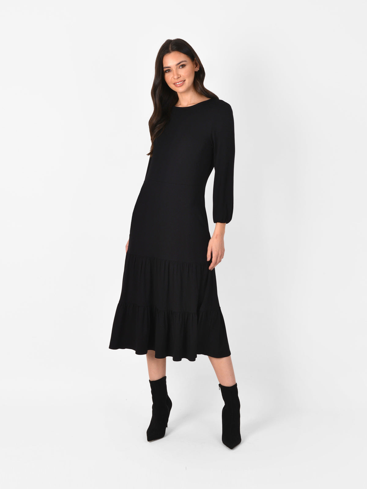 Black Jersey Tiered Midi Dress