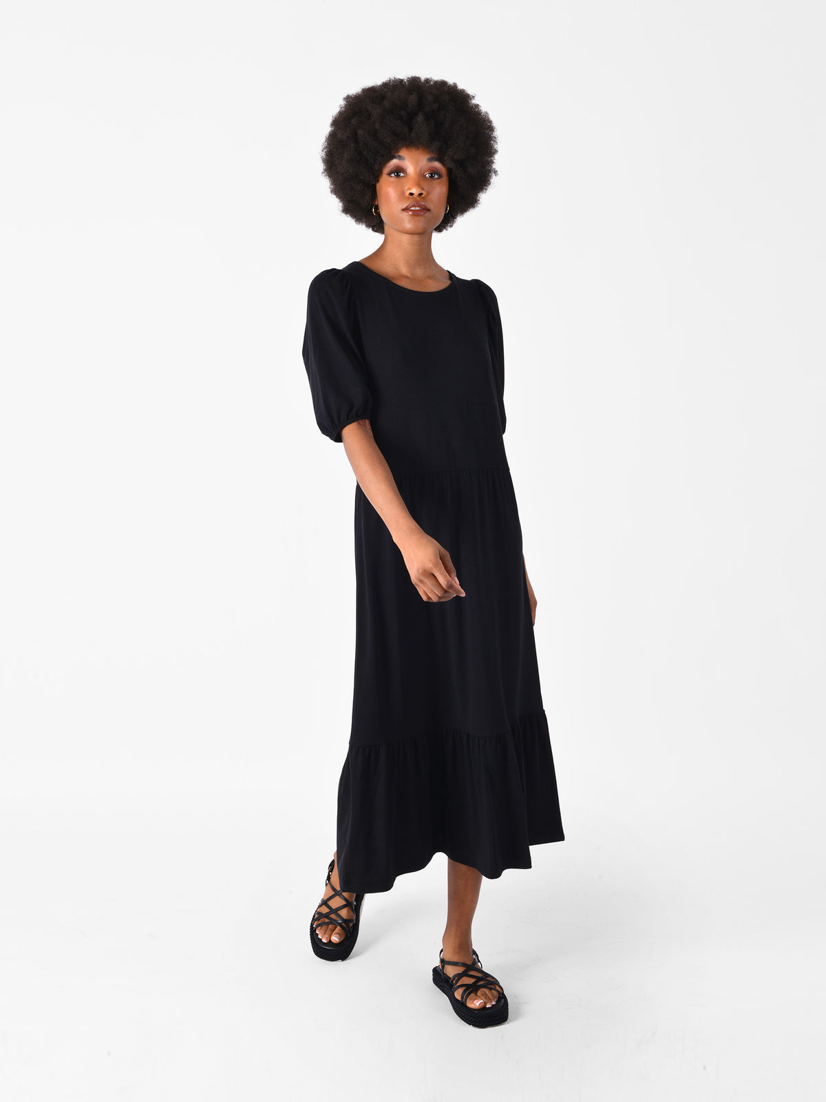 Black Jersey Puff Sleeve Midi Dress