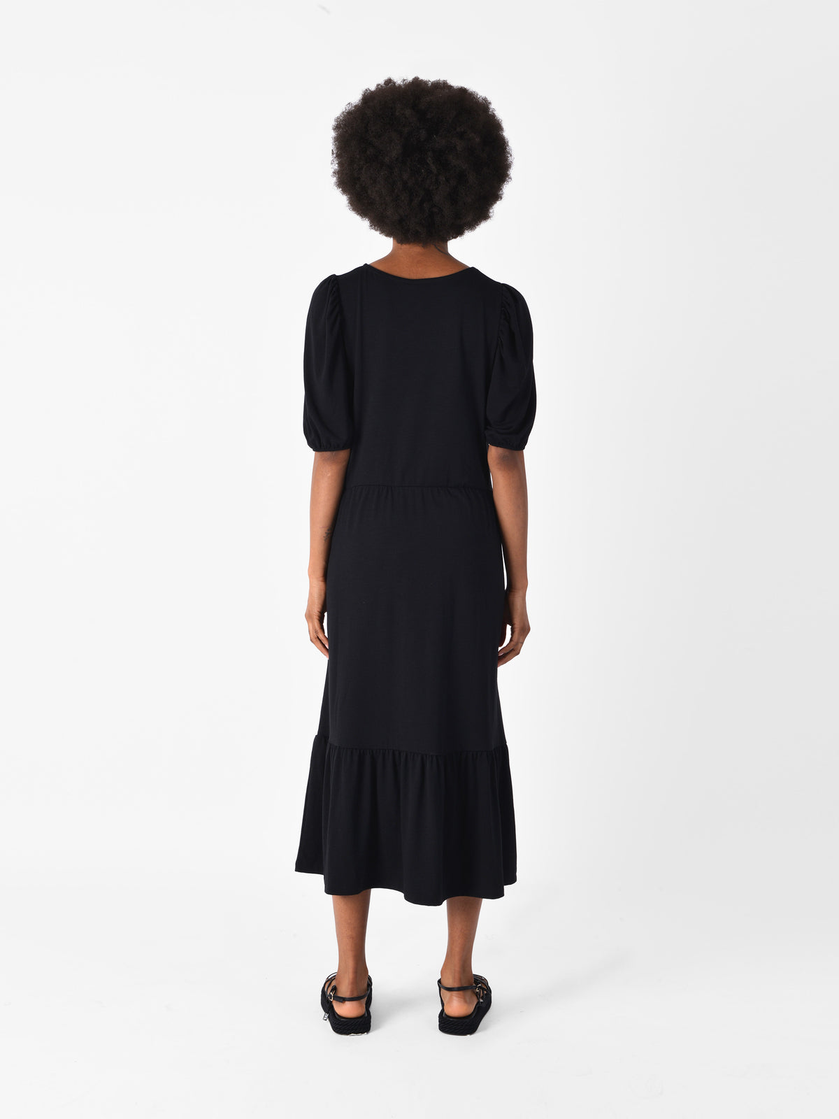 Black Jersey Puff Sleeve Midi Dress