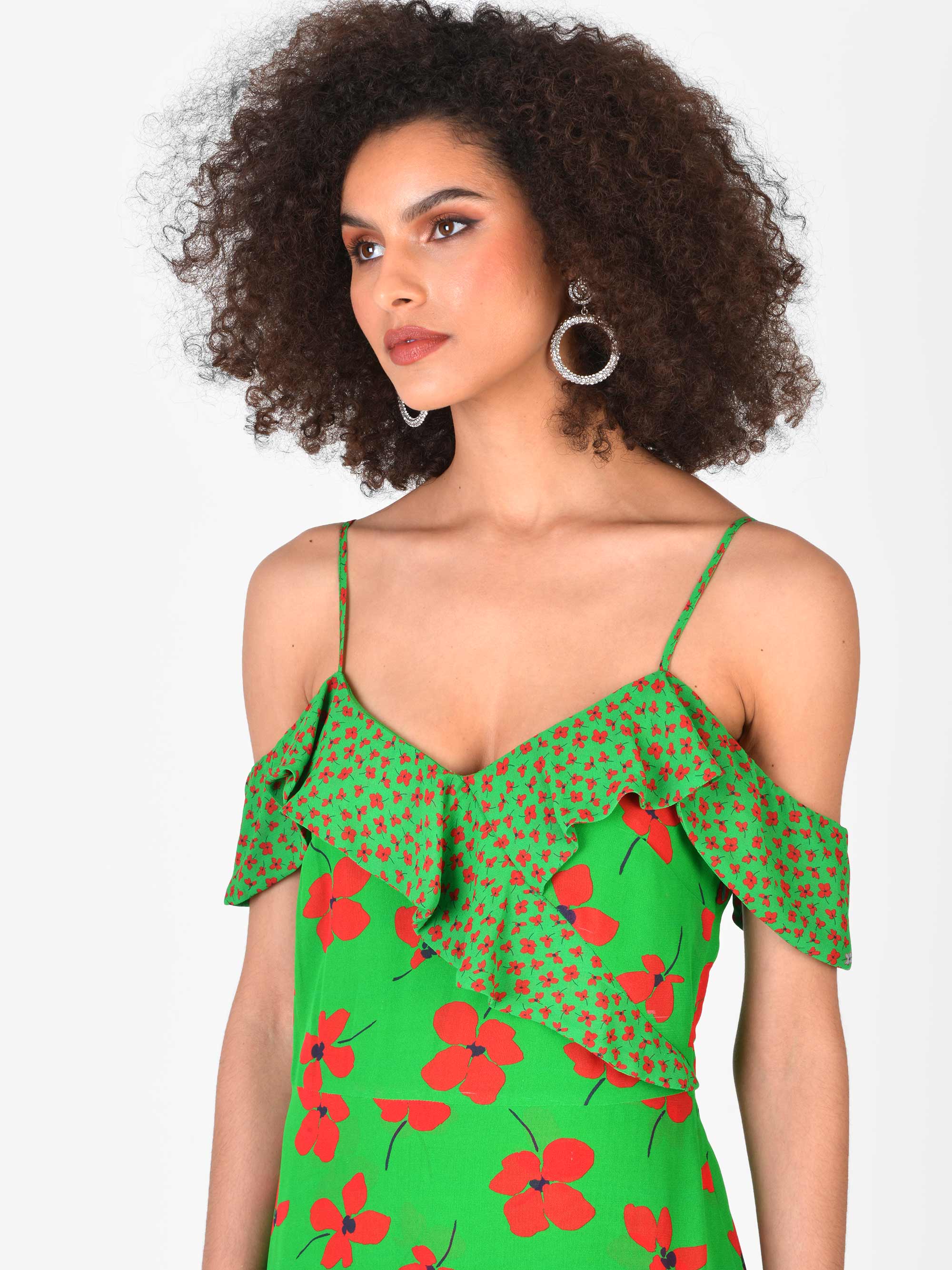 Green floral 2025 cold shoulder dress