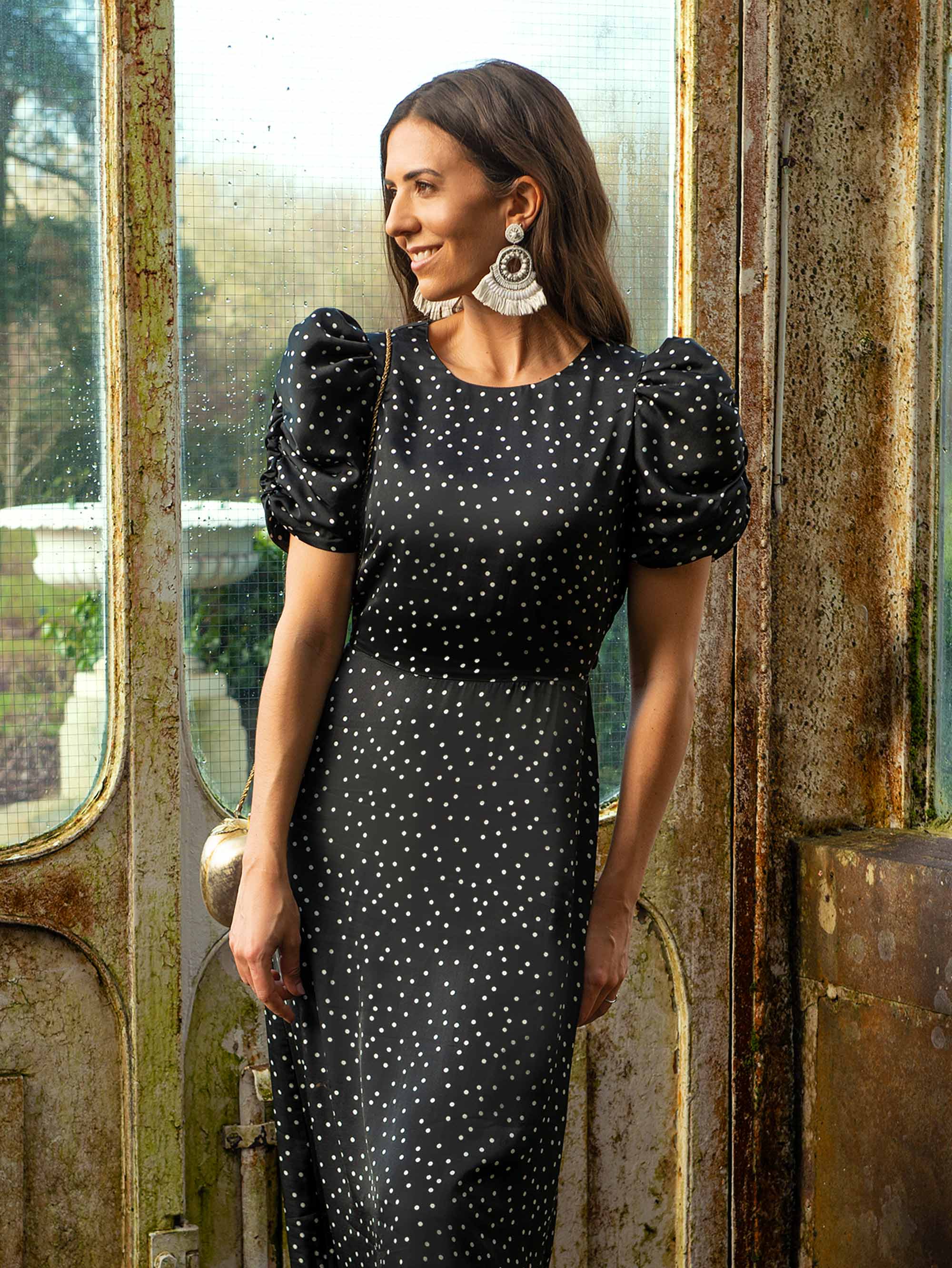 Black polka dot puff sleeve clearance dress