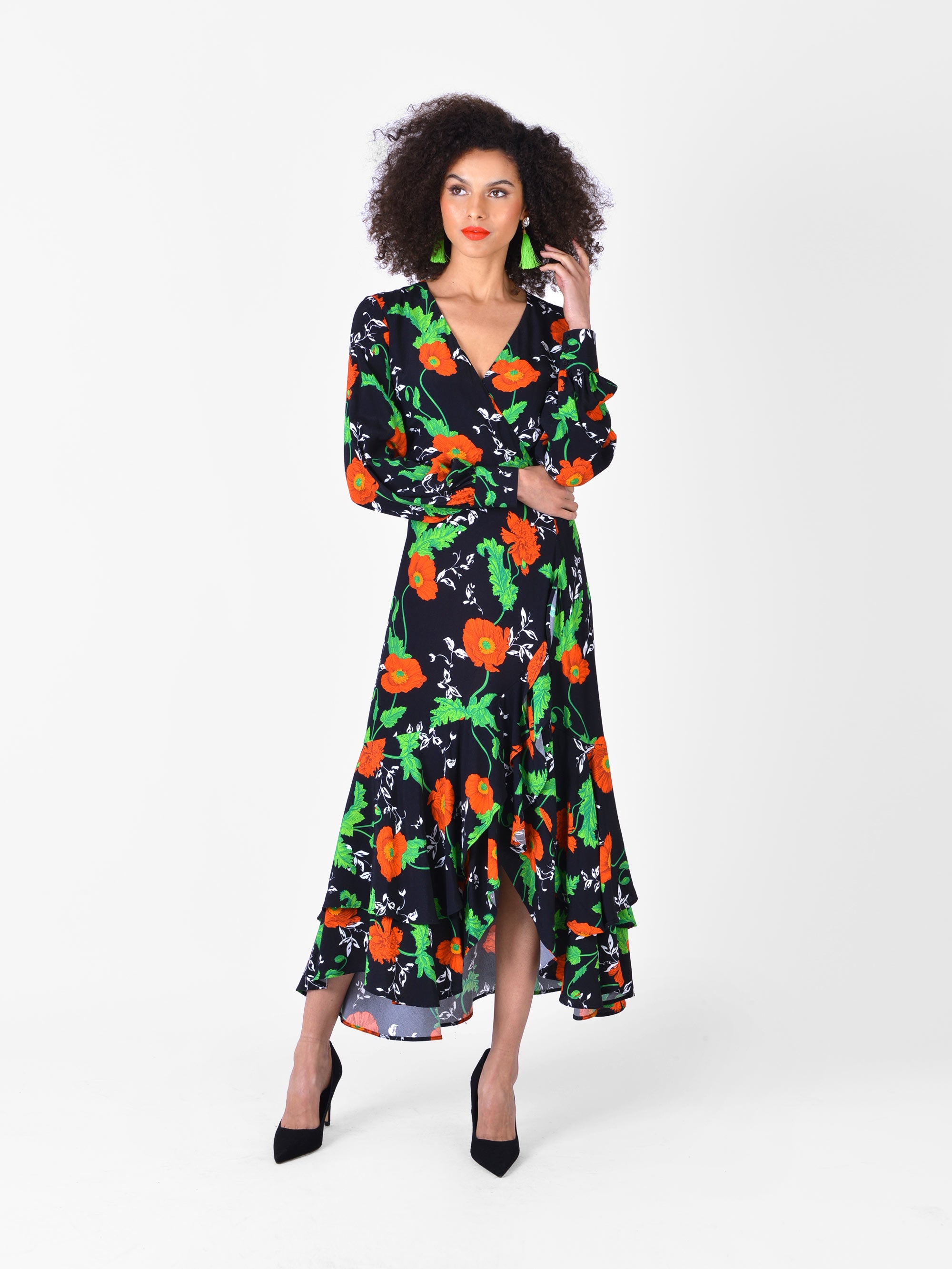 Ruffle floral midi outlet dress