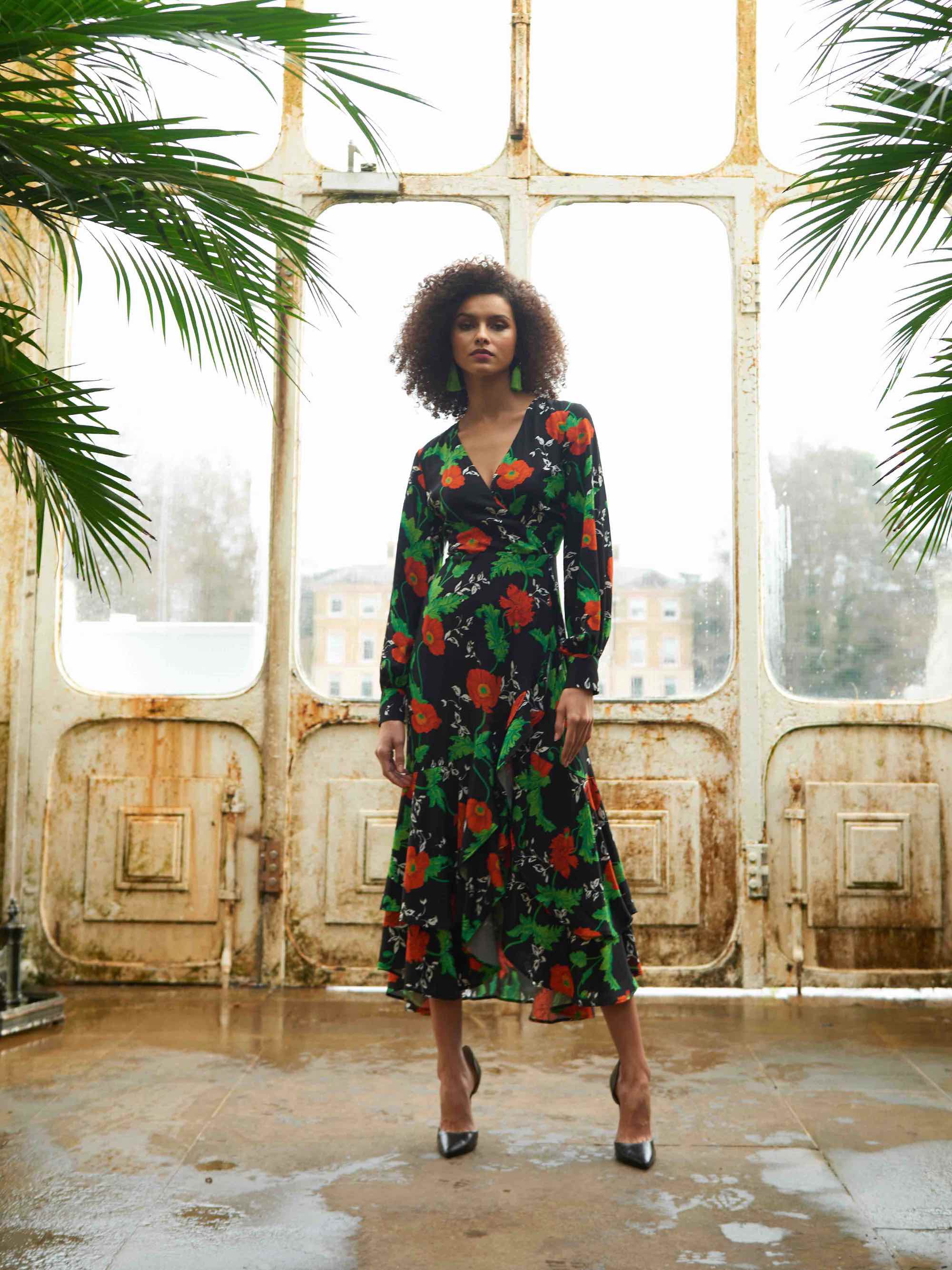 Exotic Floral Ruffle Wrap Midi Dress Ro Zo