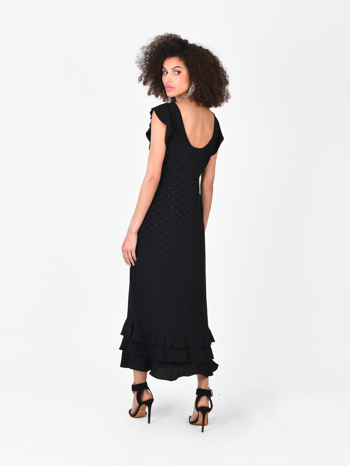 Black Jacquard Ruffle Shoulder Midi Dress