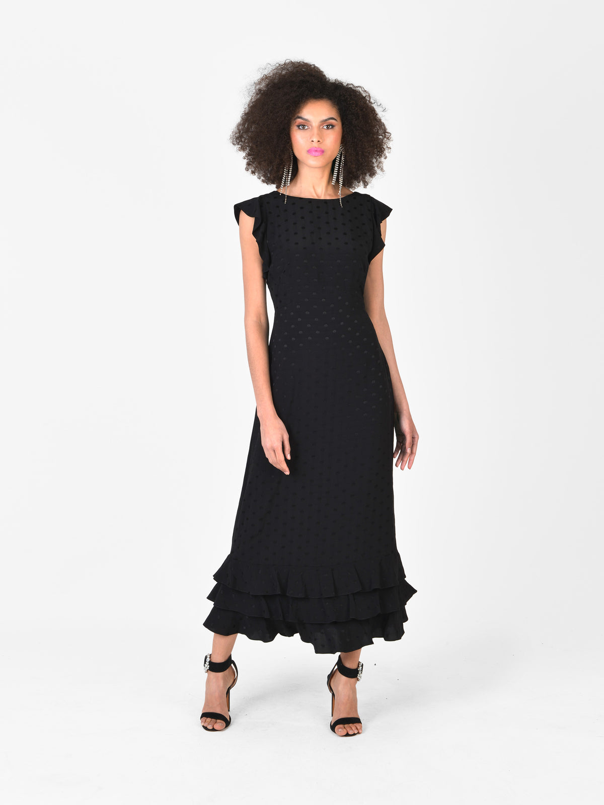 Black Jacquard Ruffle Shoulder Midi Dress