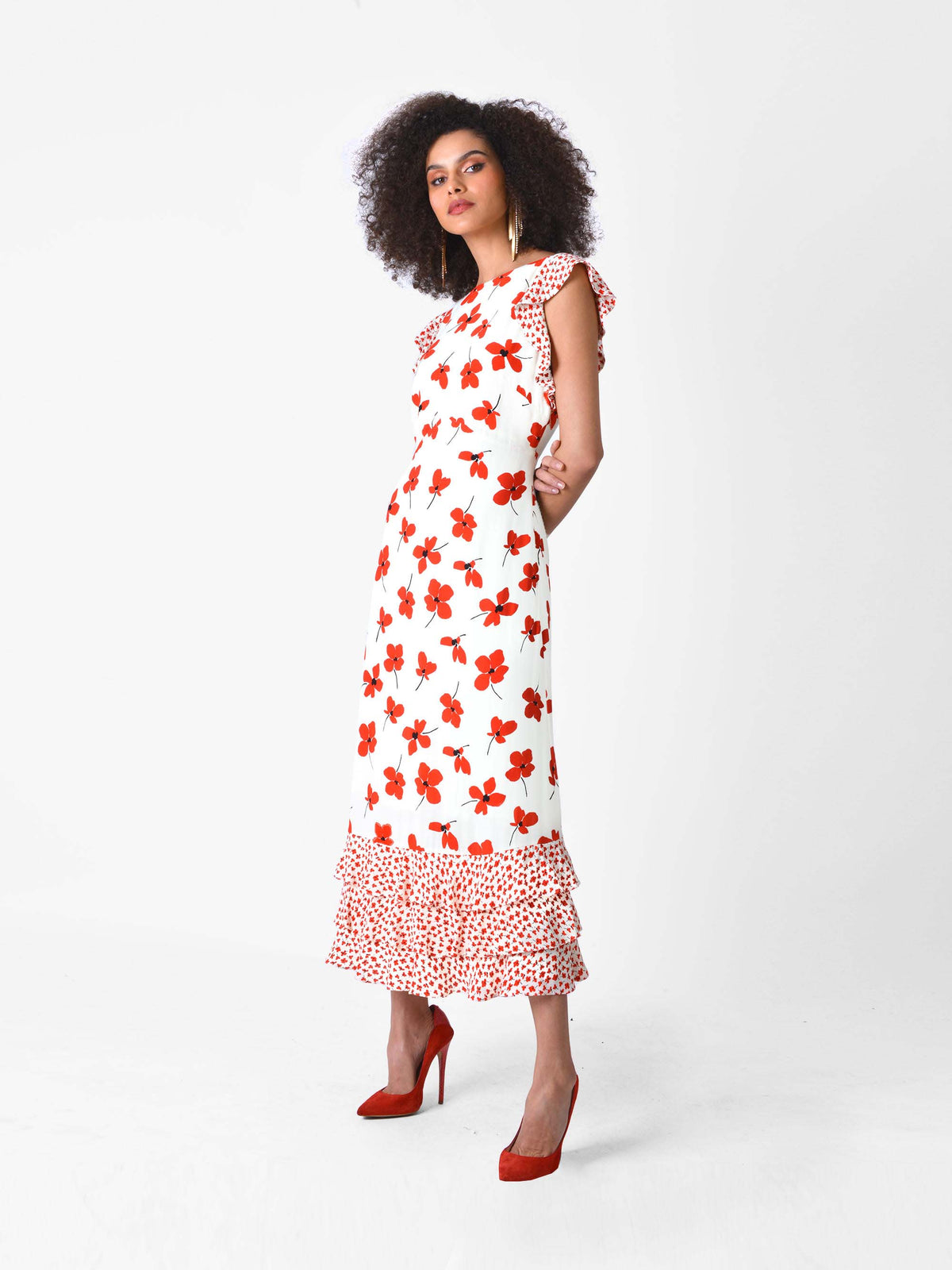 Pink Floral Sleeveless Ruffle Midi Dress
