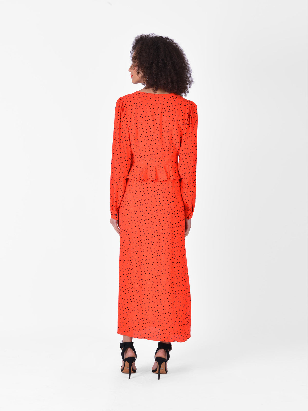 Red Spot Ruffle Detail Midi Dress