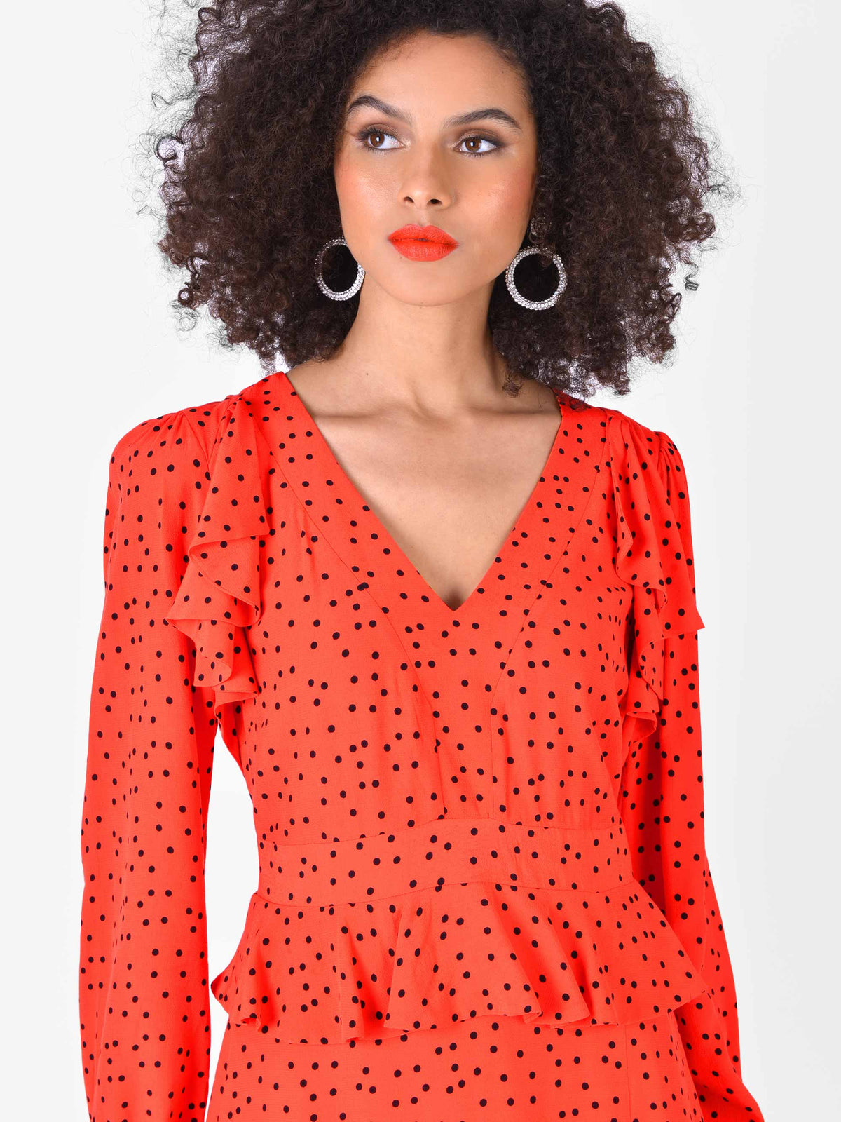 Red Spot Ruffle Detail Midi Dress