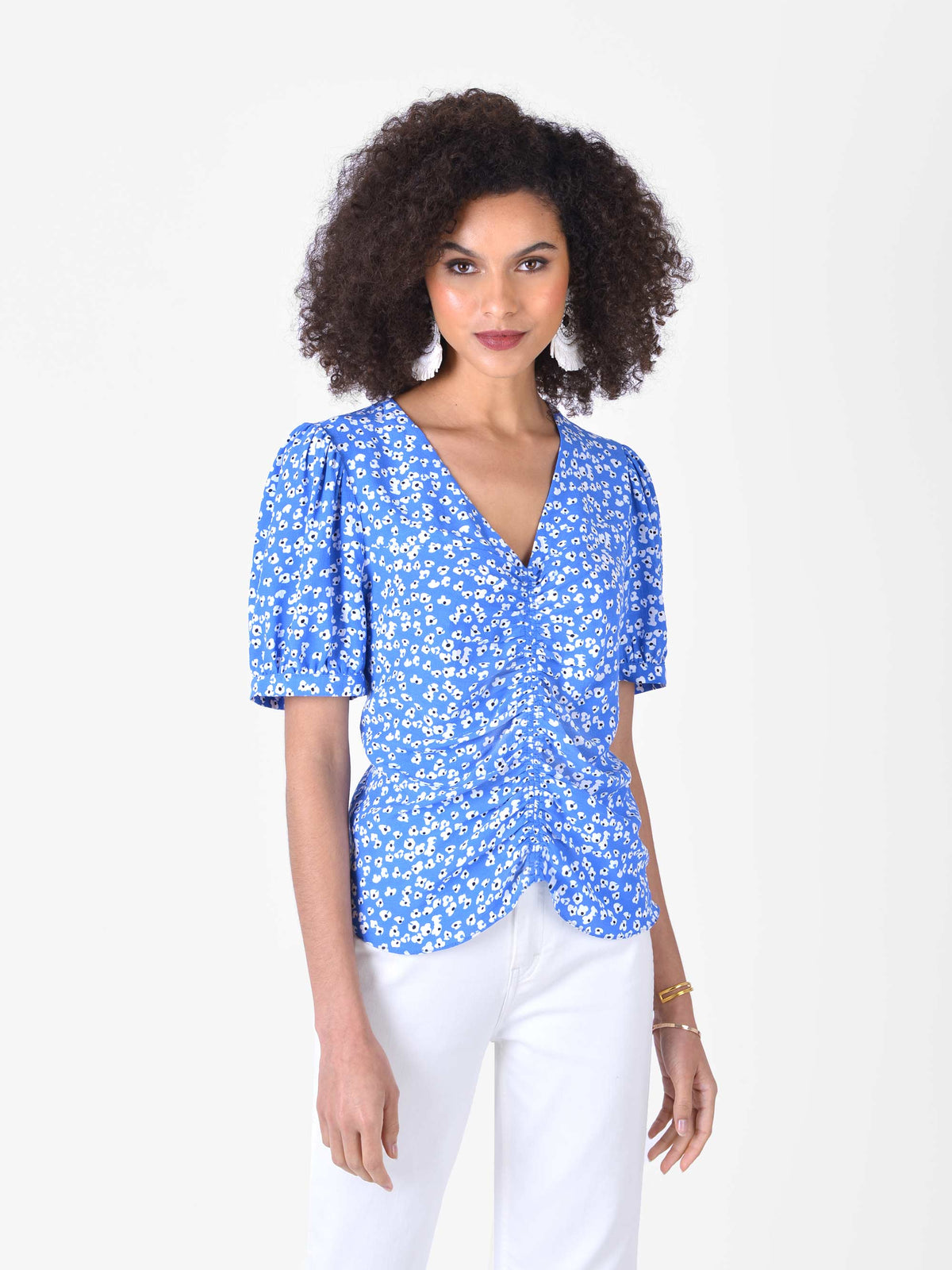 Blue Ditsy Ruch Front Shell Top