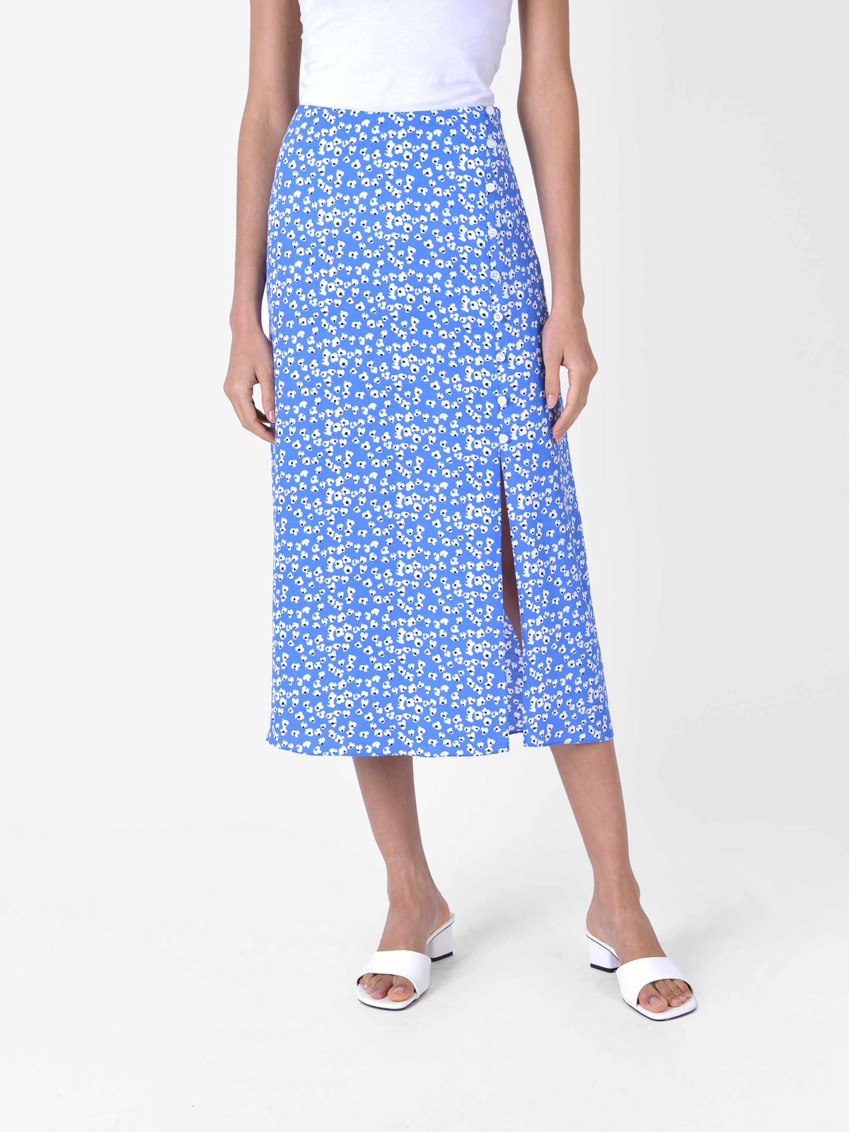 Blue Floral Button Detail Skirt